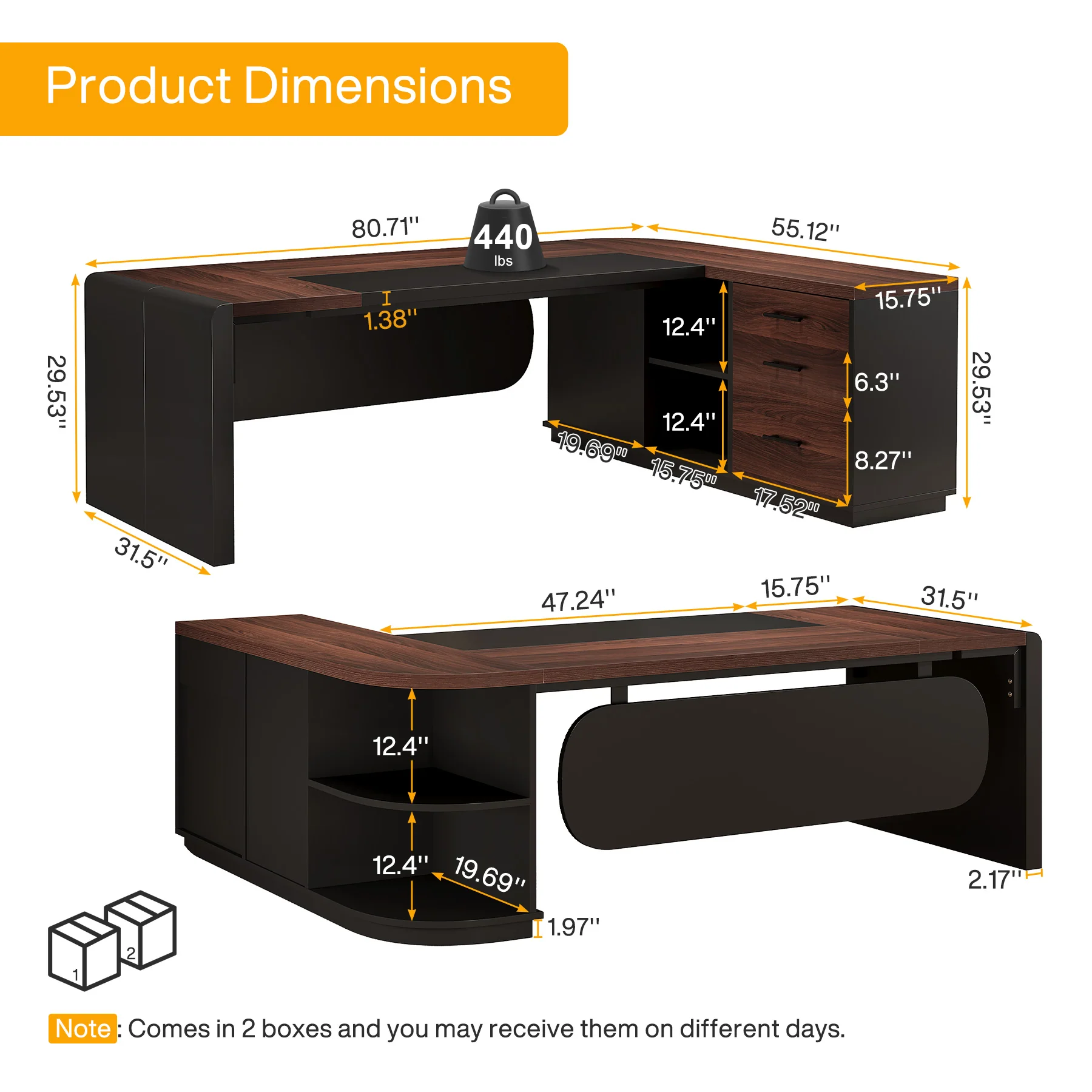 80" Executive Desk, L-Shaped Computer Desk with Storage Drawers - Image 2