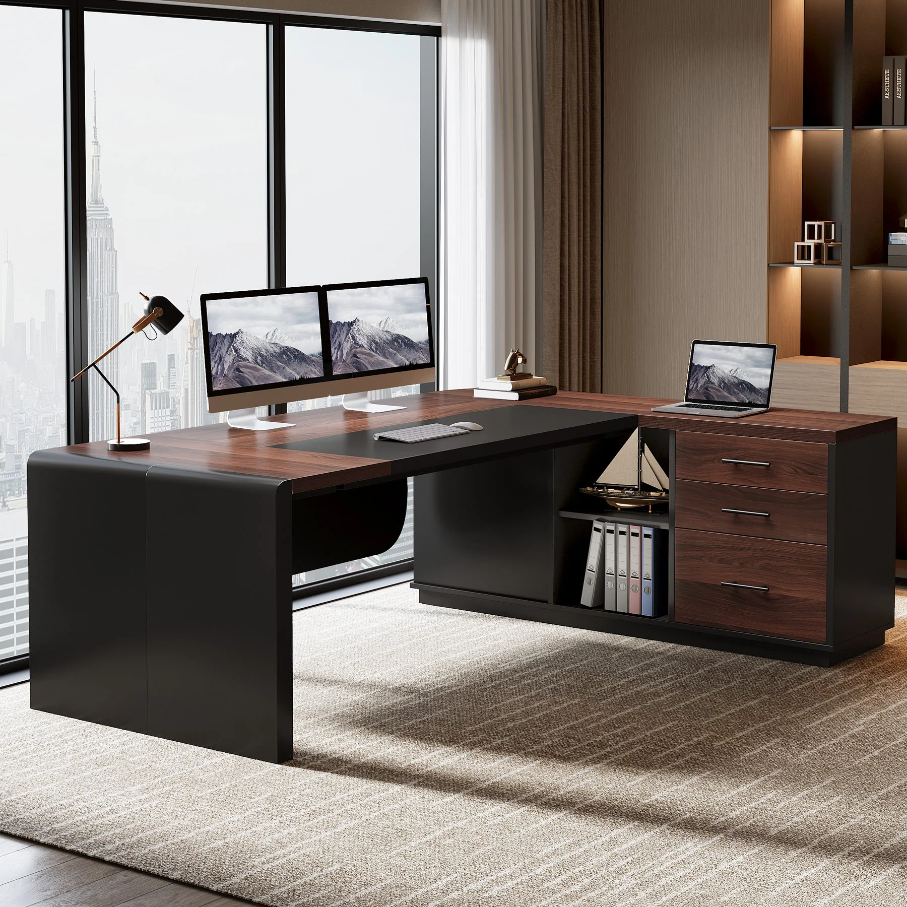 80" Executive Desk, L-Shaped Computer Desk with Storage Drawers - Image 3