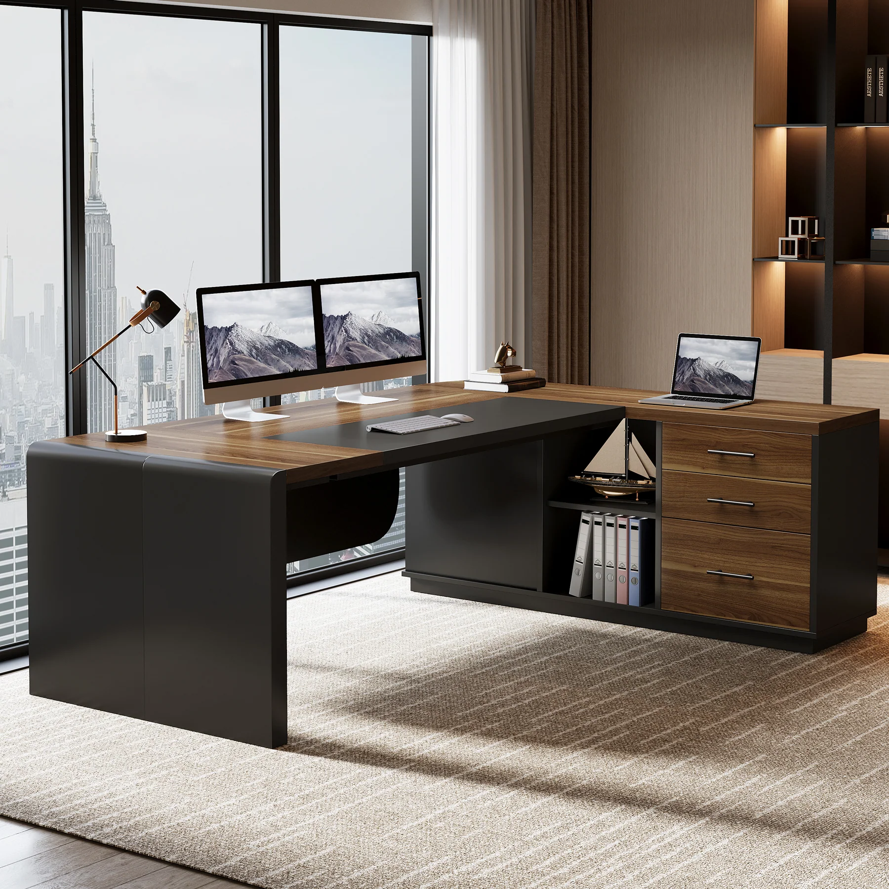 80" Executive Desk, L-Shaped Computer Desk with Storage Drawers - Image 9