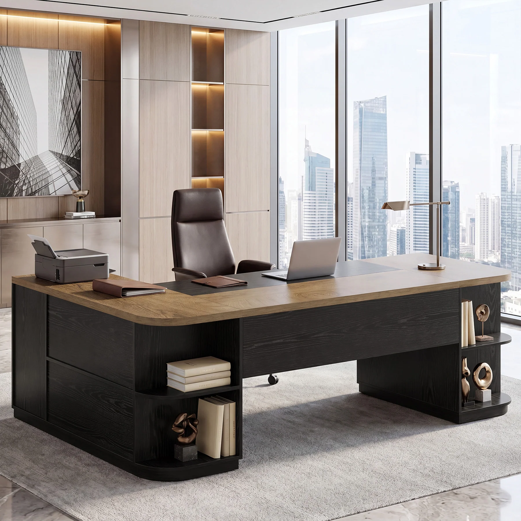86.6" L-Shaped Executive Desk, Large Computer Desk with Drawers & 55" File Cabinet