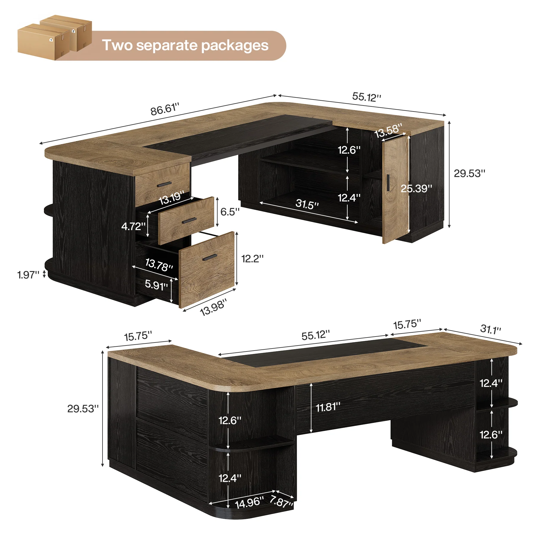86.6" L-Shaped Executive Desk, Large Computer Desk with Drawers & 55" File Cabinet - Image 2