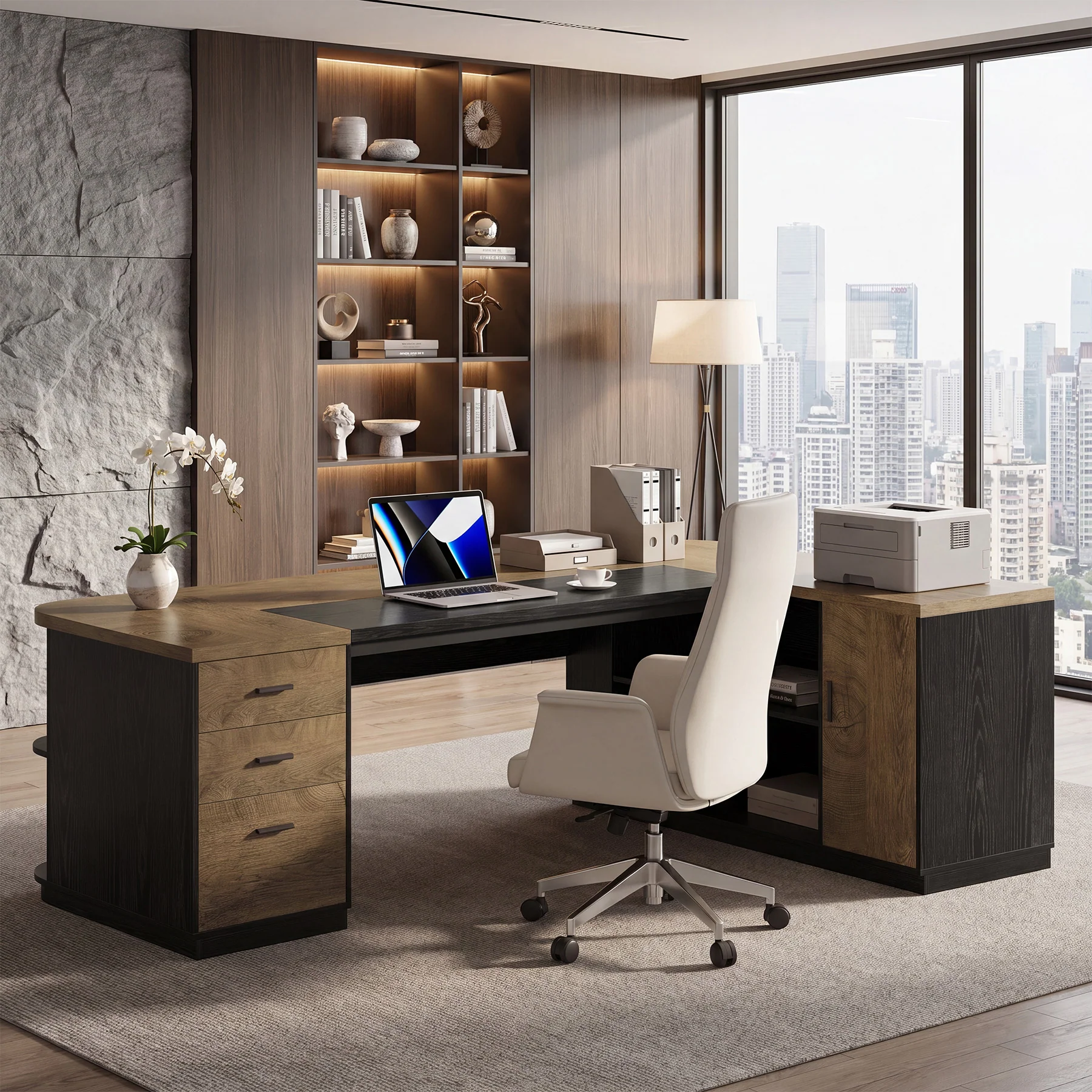 86.6" L-Shaped Executive Desk, Large Computer Desk with Drawers & 55" File Cabinet - Image 3