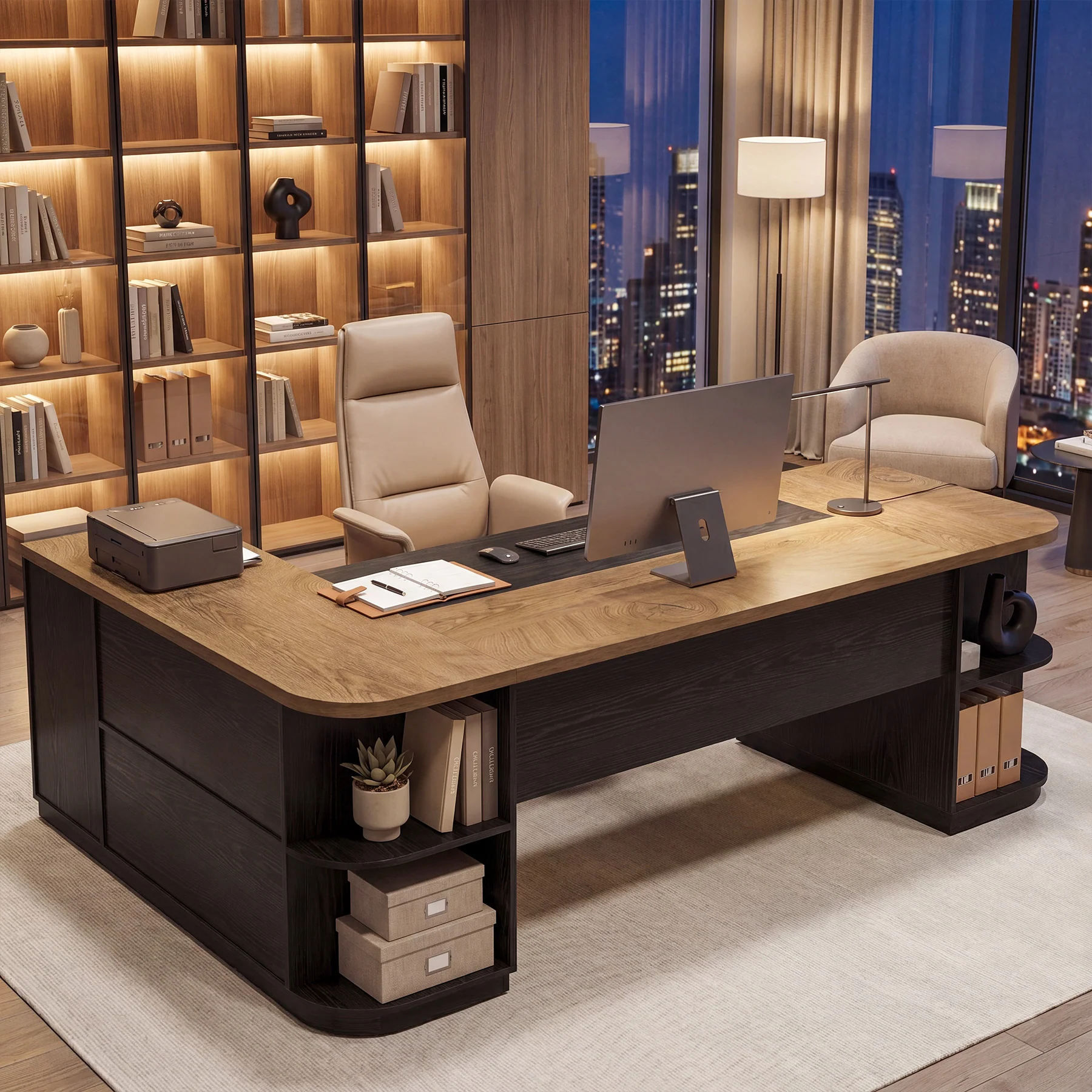 86.6" L-Shaped Executive Desk, Large Computer Desk with Drawers & 55" File Cabinet - Image 4