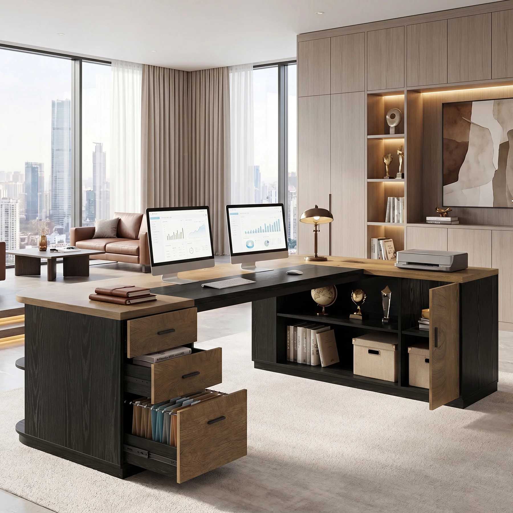 86.6" L-Shaped Executive Desk, Large Computer Desk with Drawers & 55" File Cabinet - Image 5
