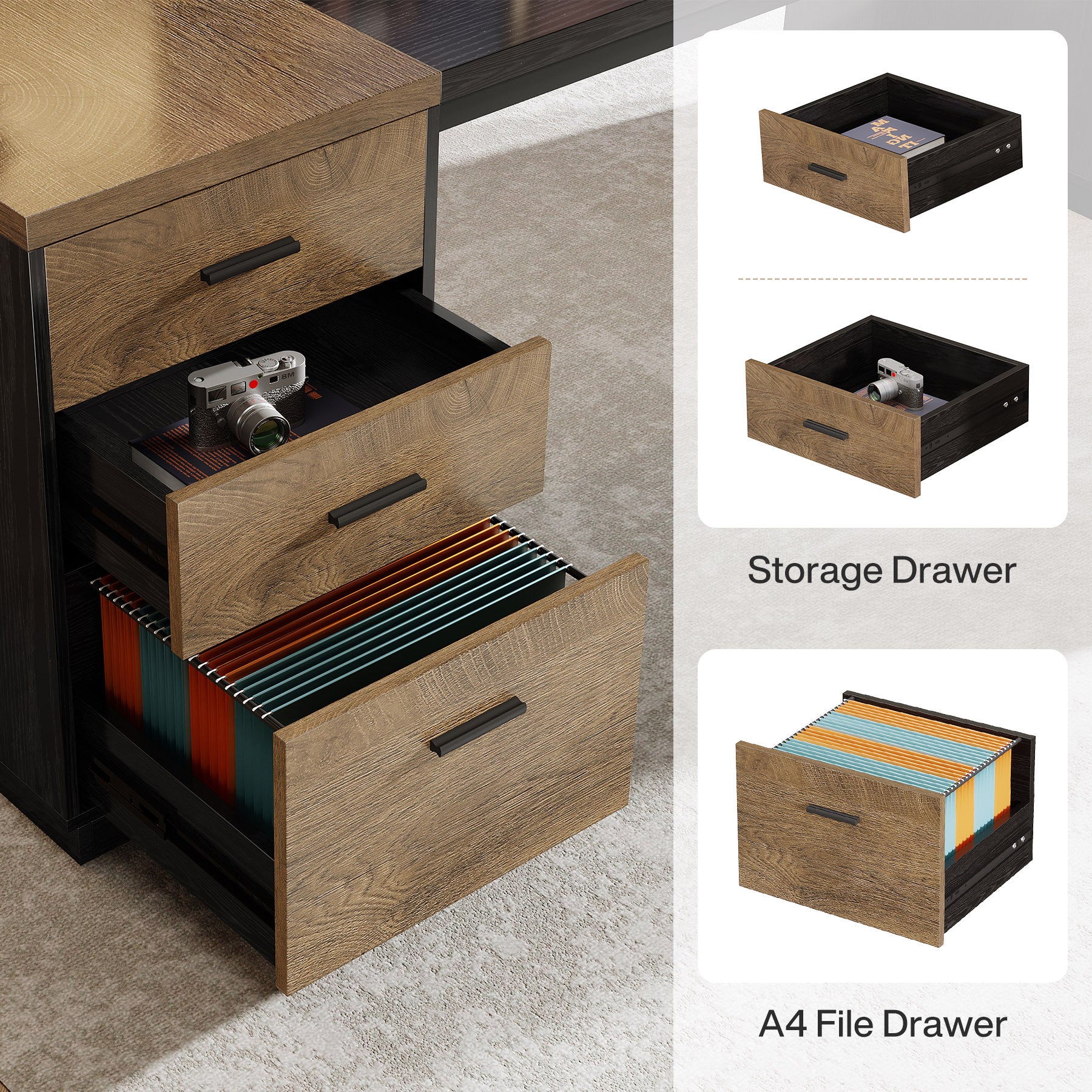 86.6" L-Shaped Executive Desk, Large Computer Desk with Drawers & 55" File Cabinet - Image 7