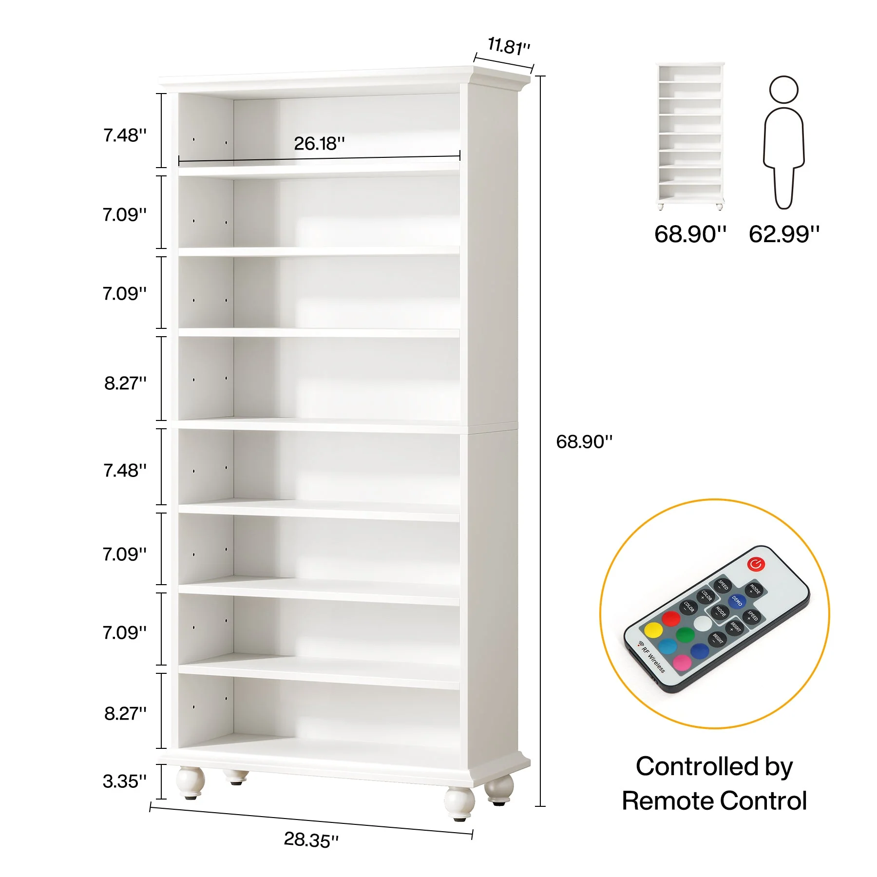 9-Tier Bookcase Wood Bookshelf with LED Lighting & Solid Wood Legs - Image 2