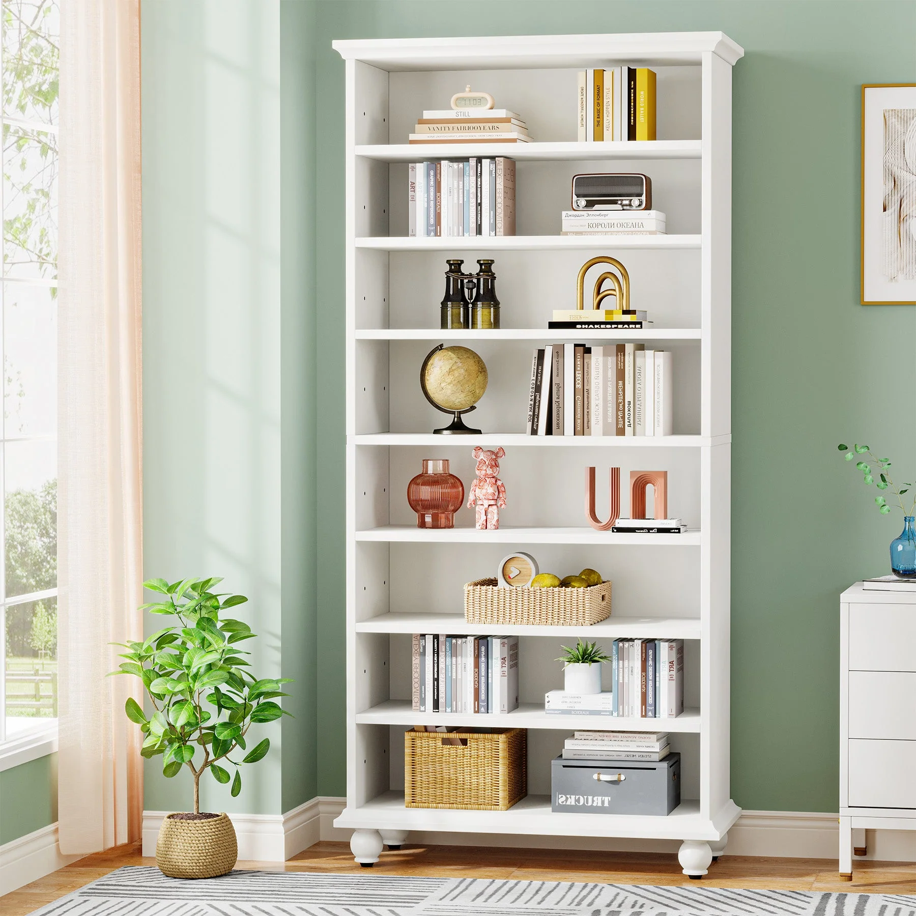 9-Tier Bookcase Wood Bookshelf with LED Lighting & Solid Wood Legs - Image 3