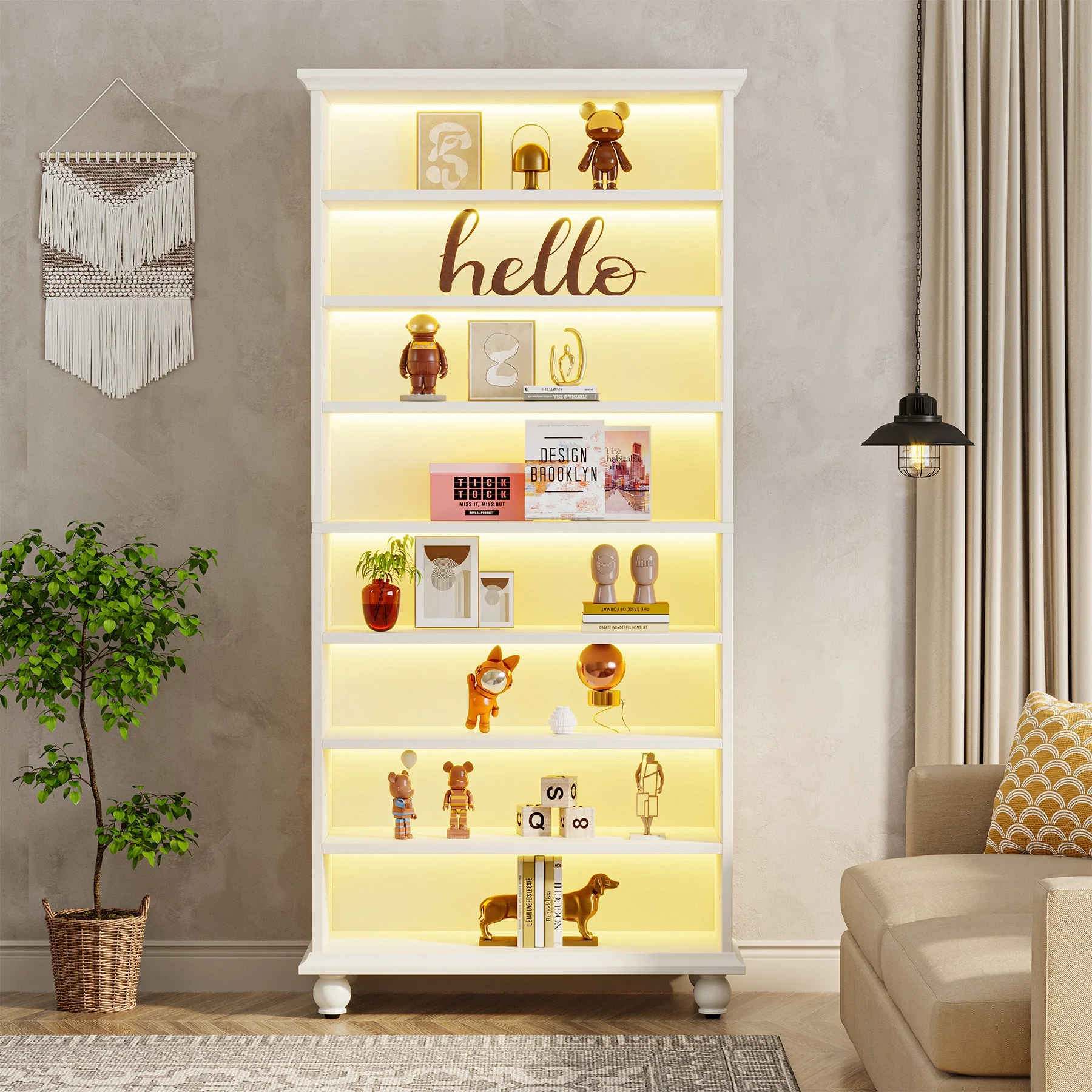 9-Tier Bookcase Wood Bookshelf with LED Lighting & Solid Wood Legs - Image 4