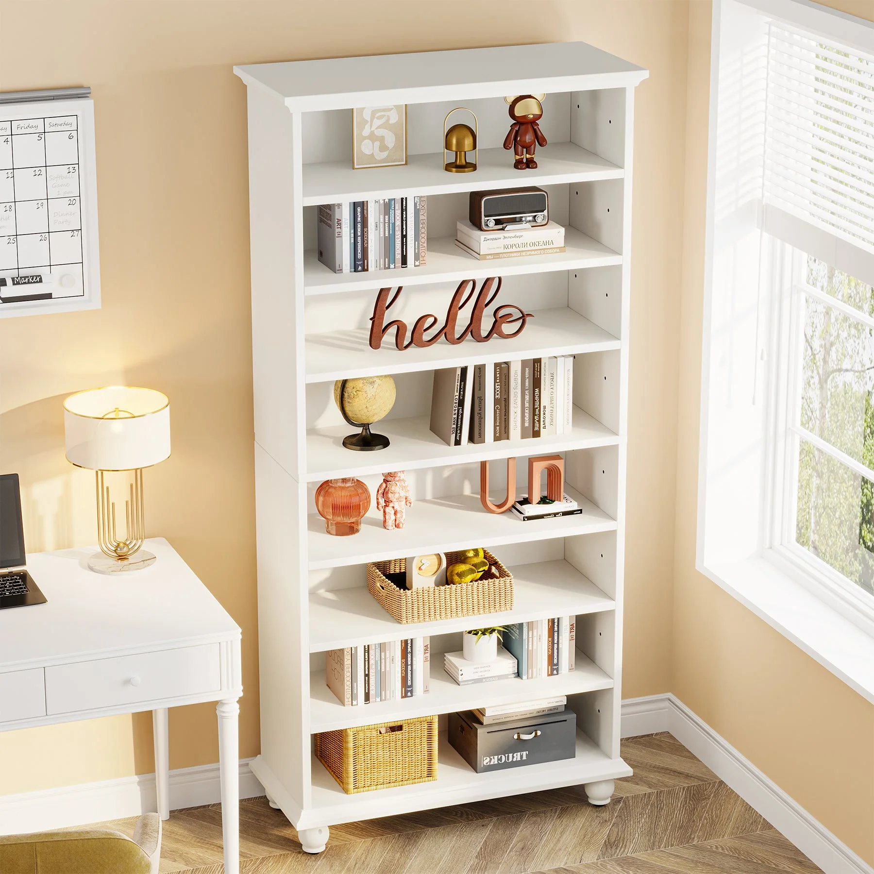 9-Tier Bookcase Wood Bookshelf with LED Lighting & Solid Wood Legs - Image 5