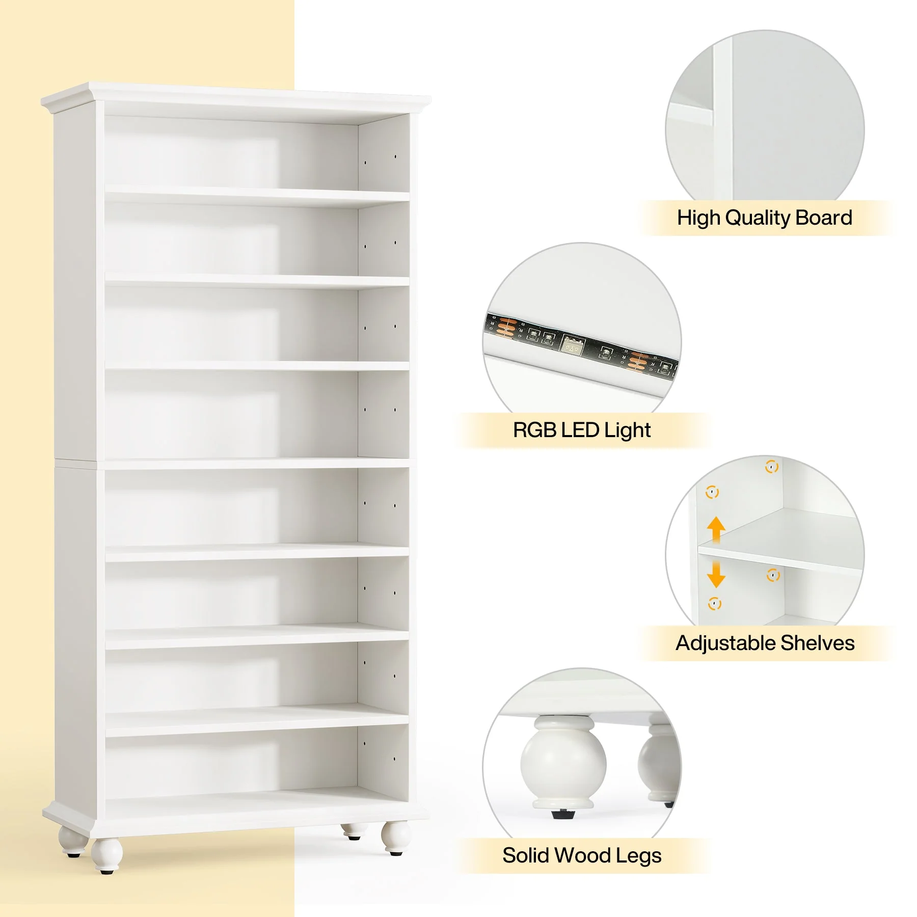 9-Tier Bookcase Wood Bookshelf with LED Lighting & Solid Wood Legs - Image 7