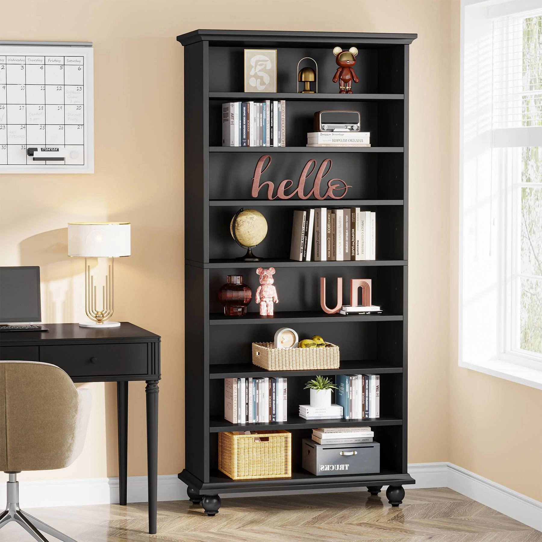 9-Tier Bookcase Wood Bookshelf with LED Lighting & Solid Wood Legs - Image 8