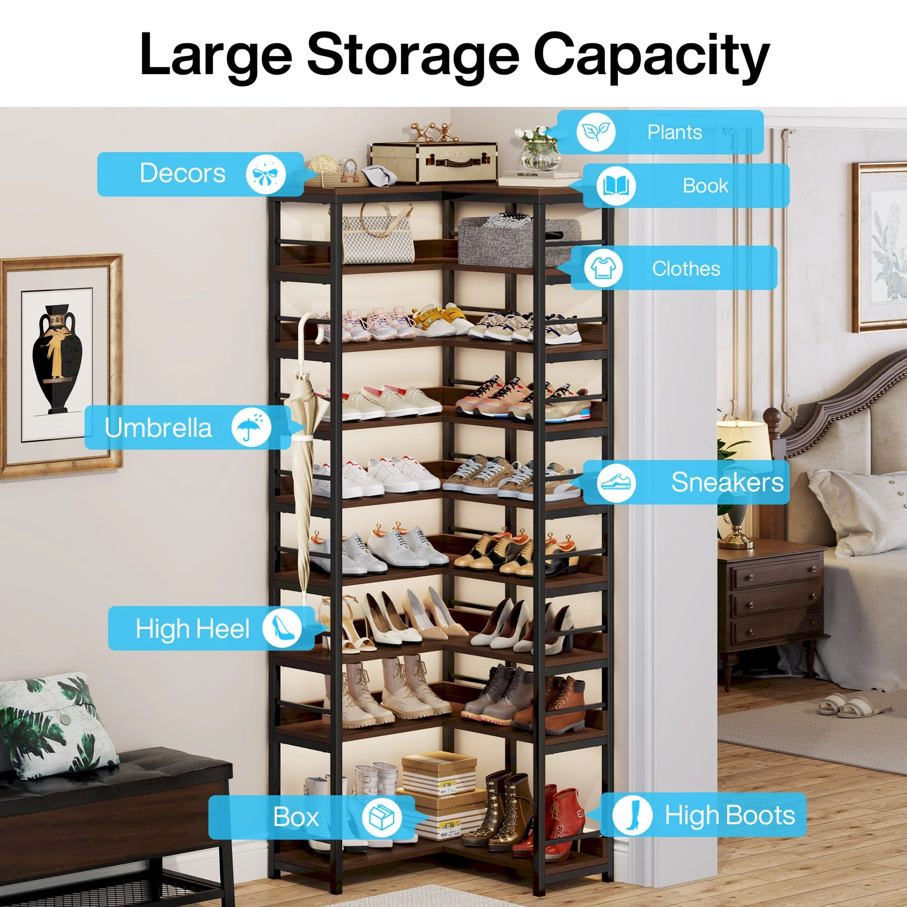 9-Tier Corner Shoe Rack, Freestanding Shoe Storage Shelf - Image 7
