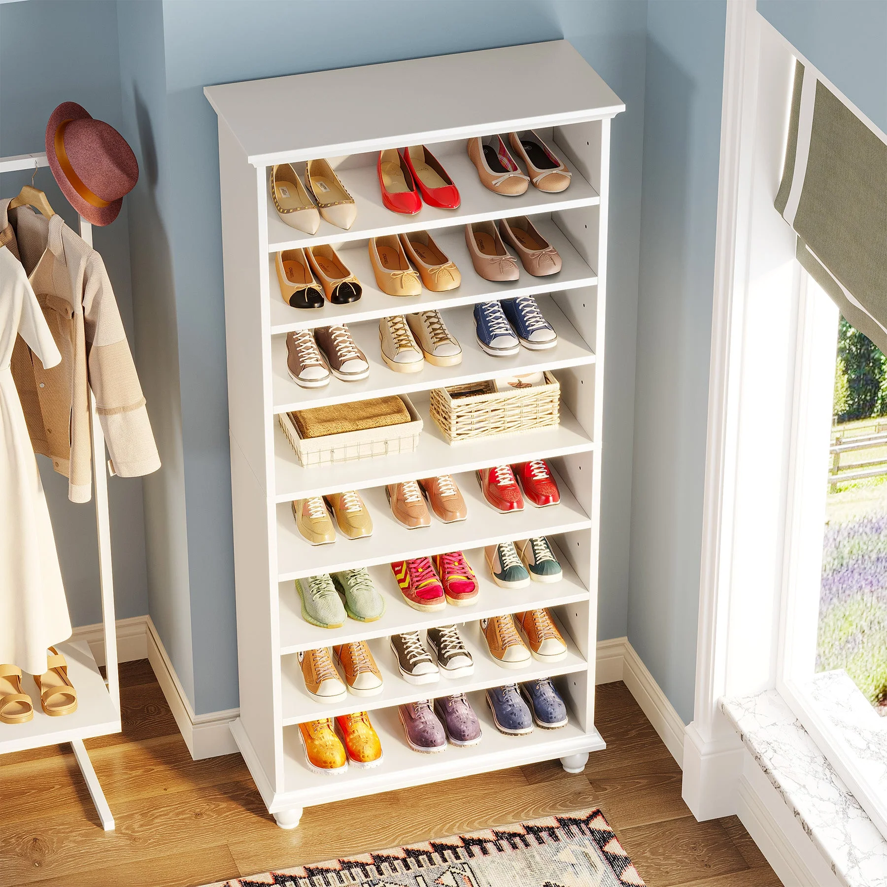 9-Tier Wood Shoe Cabinet Rack with LED Lighting & Solid Wood Legs - Image 5