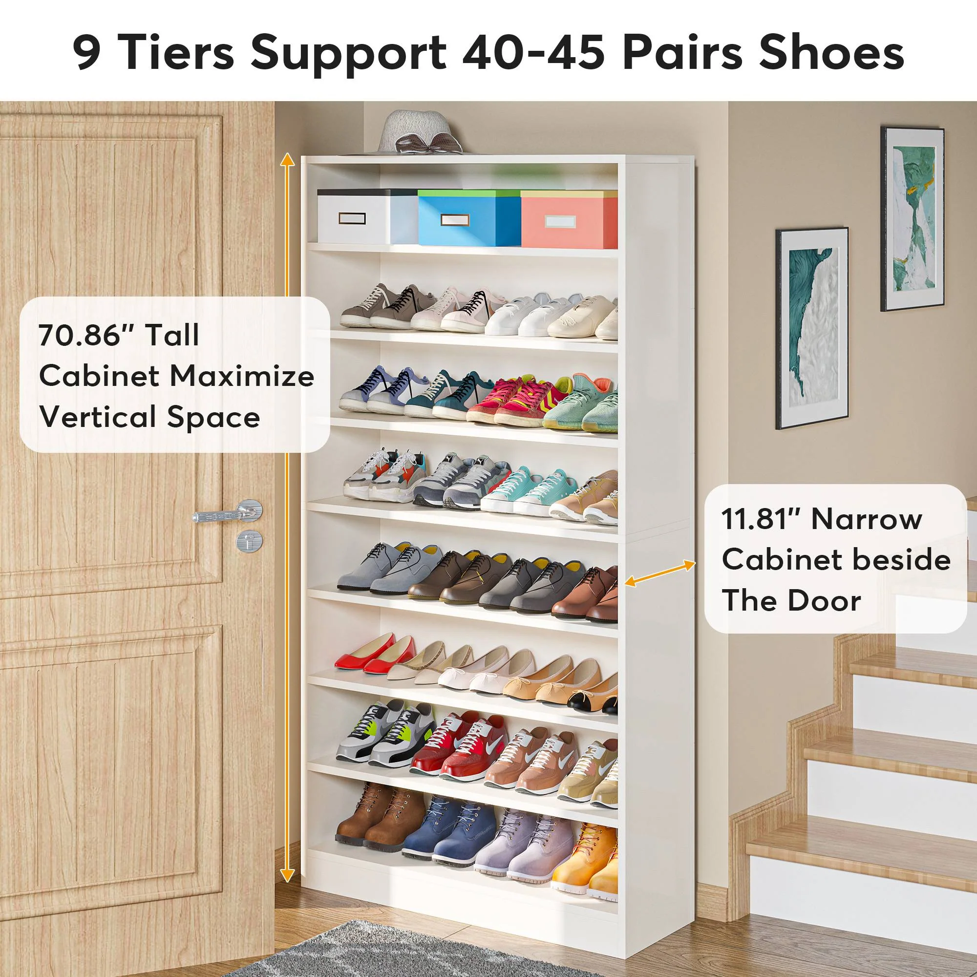 Freestanding Shoe Cabinet, 9-Tier 40-45 Pairs Shoe Storage Rack - Image 6