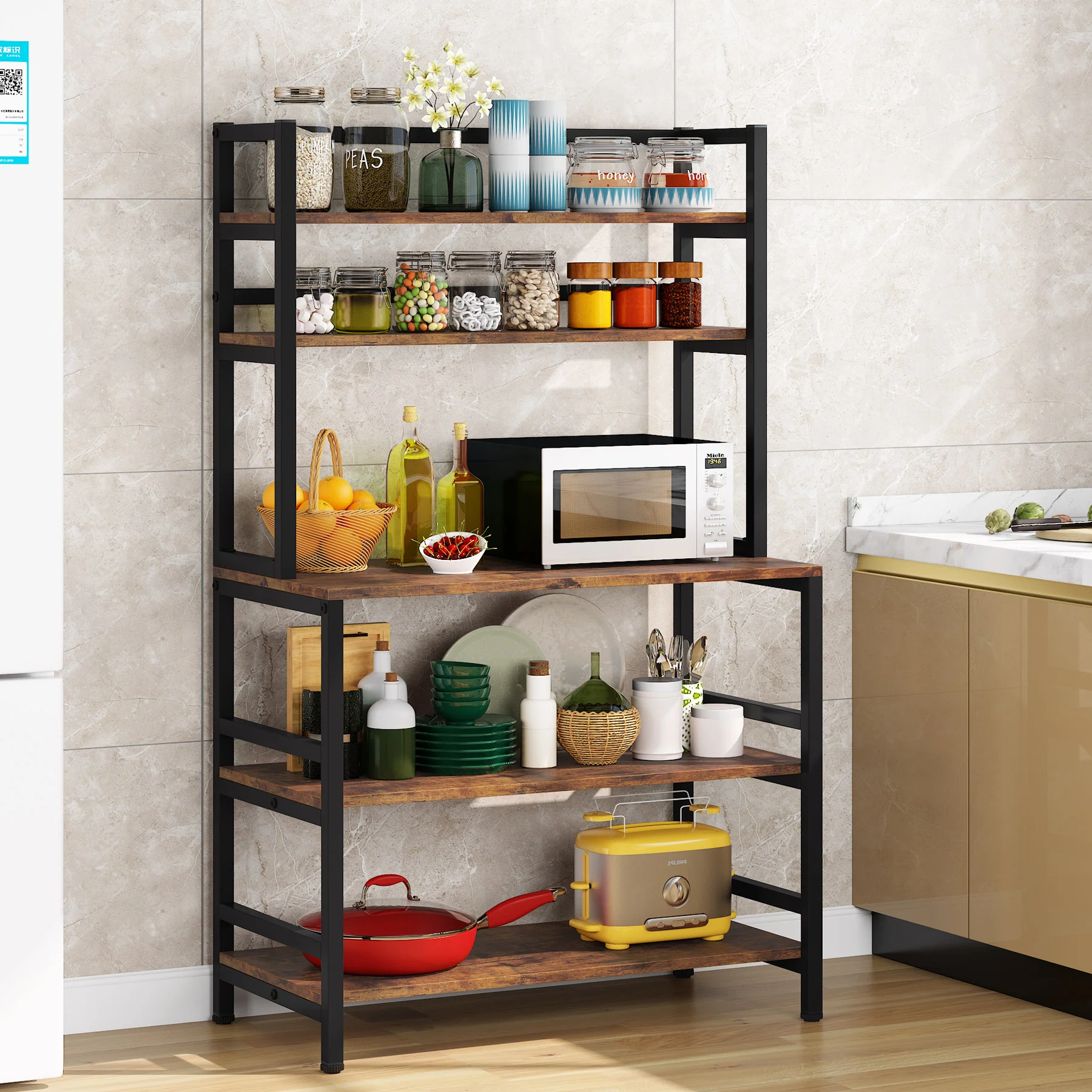 Freestanding Kitchen Baker's Rack, 5-Tier Microwave Oven Stand with Hutch - Image 3
