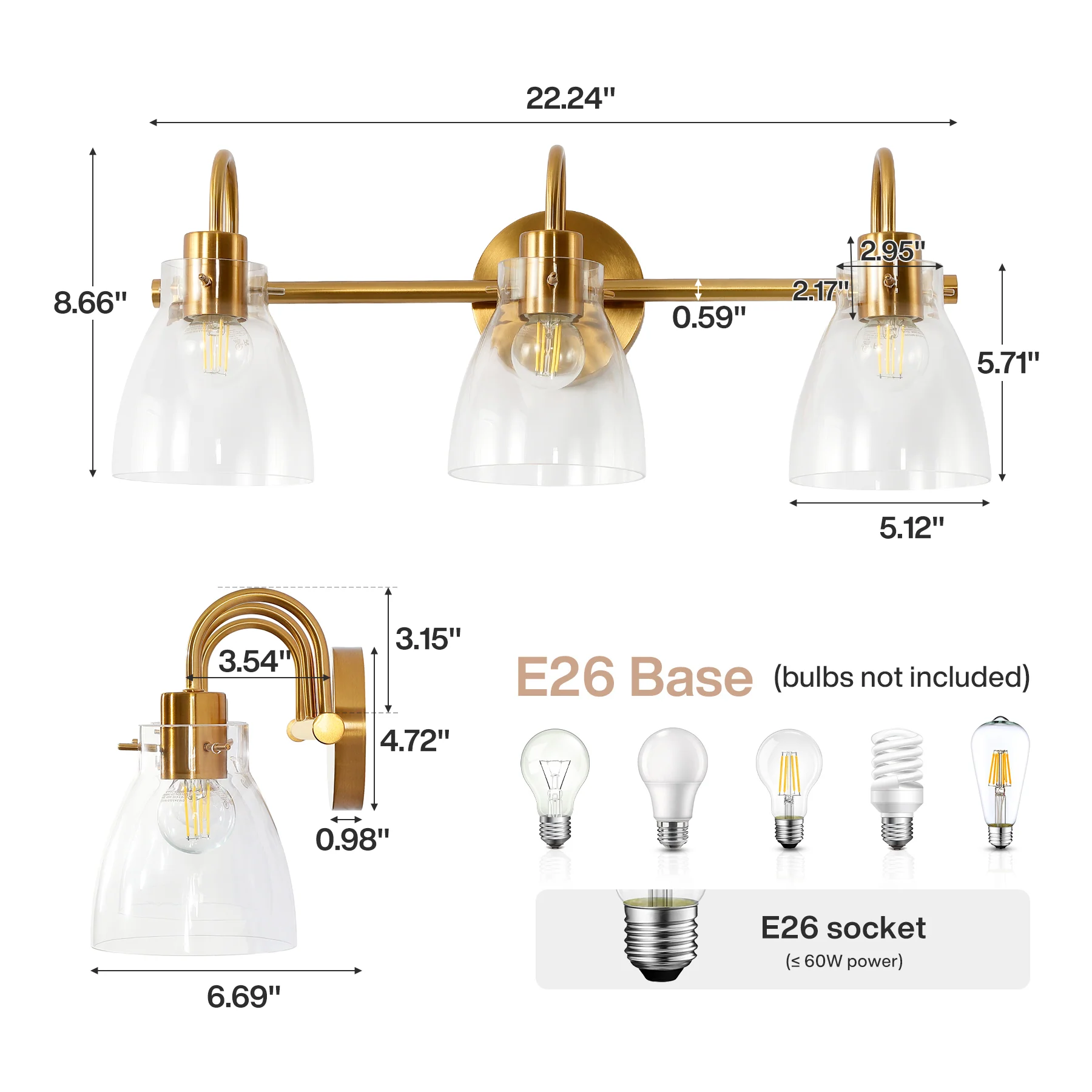 Bathroom Light Fixtures, 3-Light Vanity Lights with Clear Glass Shade - Image 2