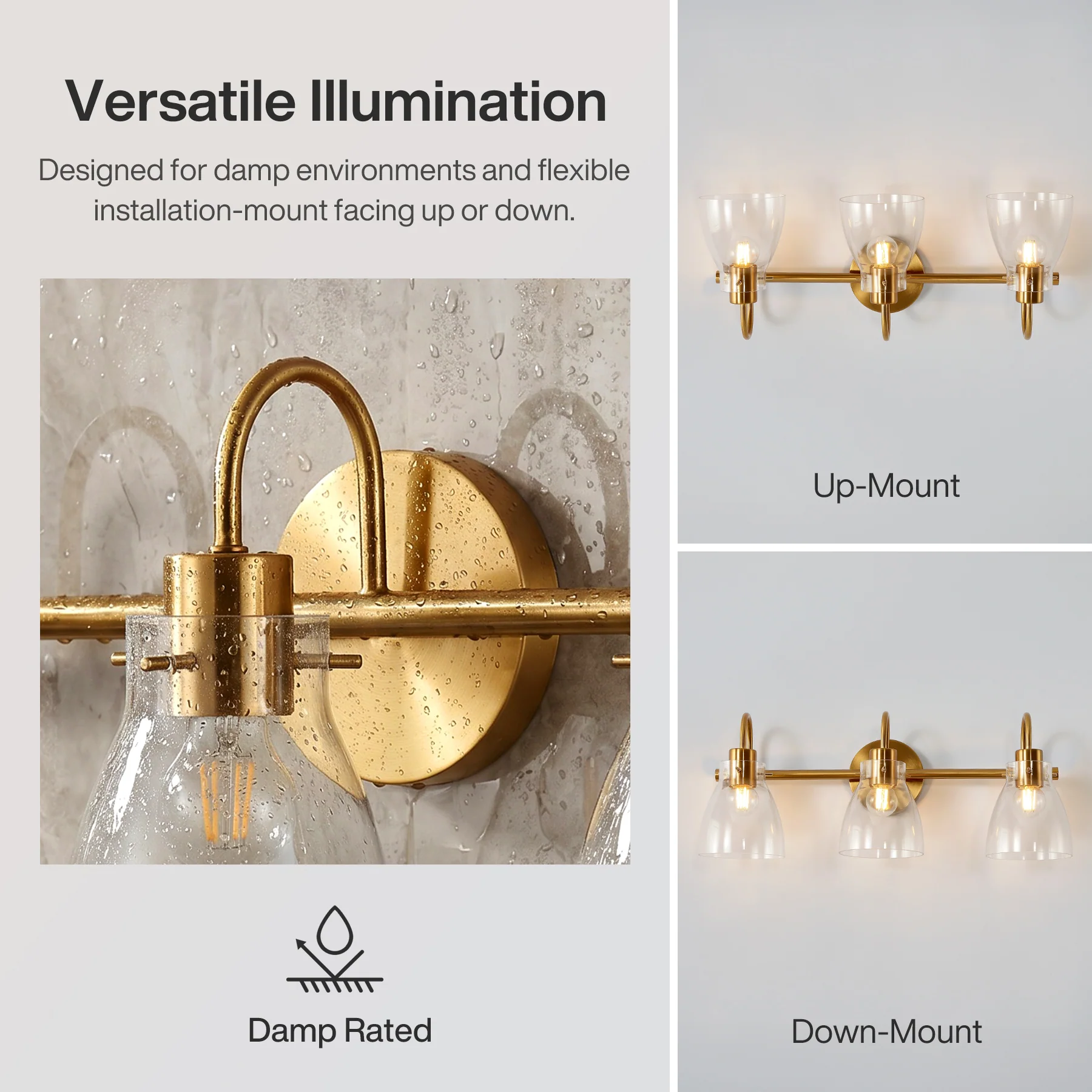 Bathroom Light Fixtures, 3-Light Vanity Lights with Clear Glass Shade - Image 8