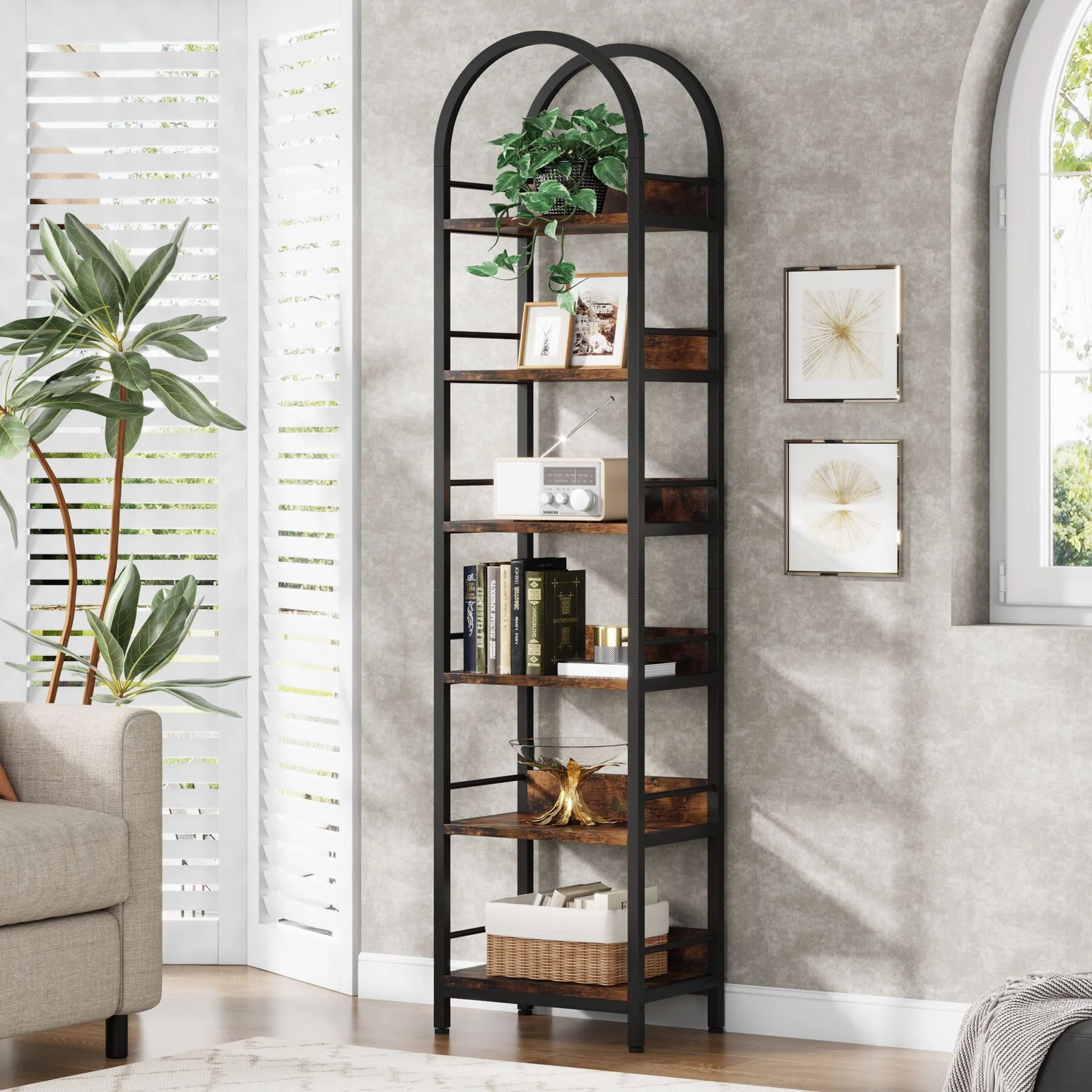 6-Tier Bookshelf, 78.7" Narrow Bookcase Arched Display Shelf