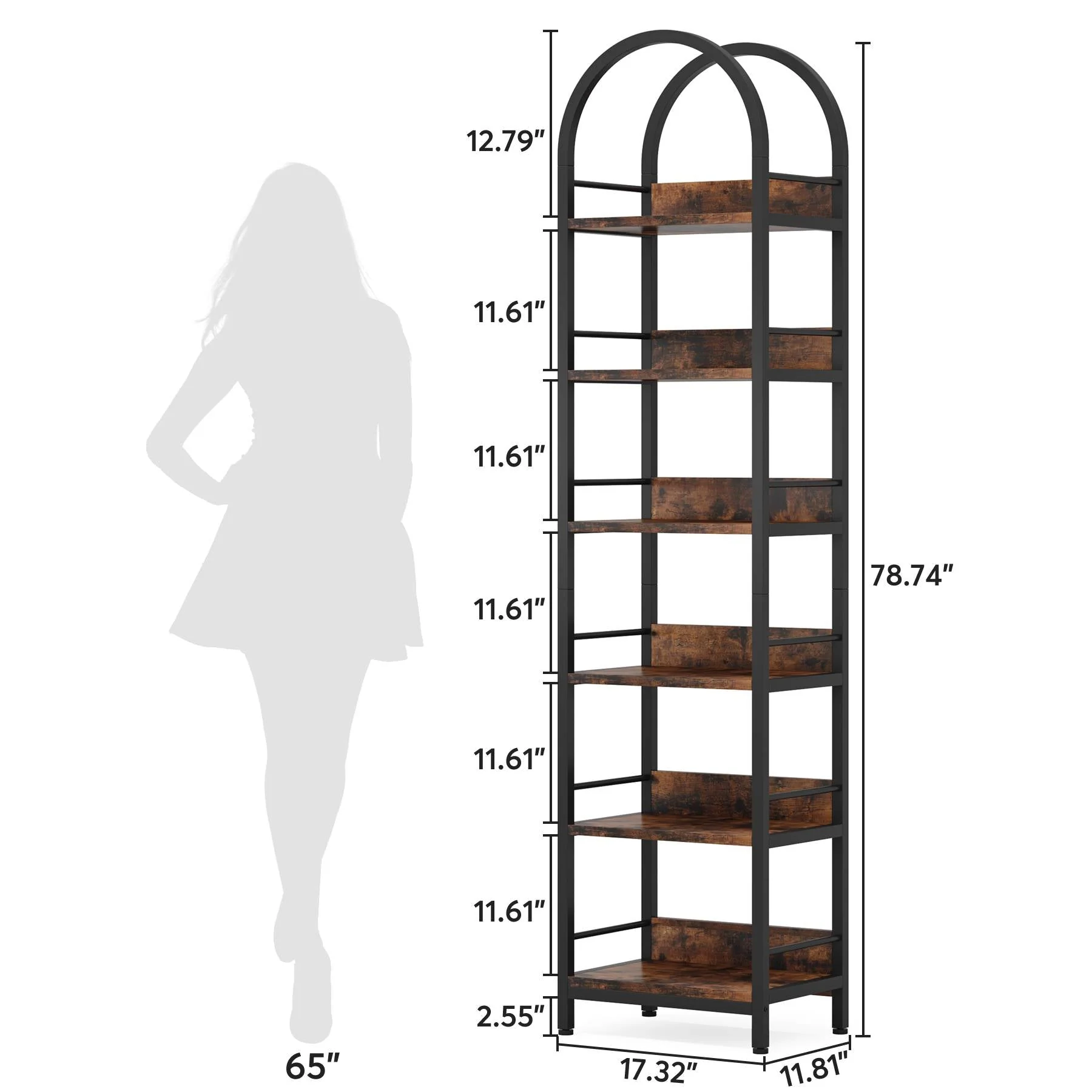 6-Tier Bookshelf, 78.7" Narrow Bookcase Arched Display Shelf - Image 2