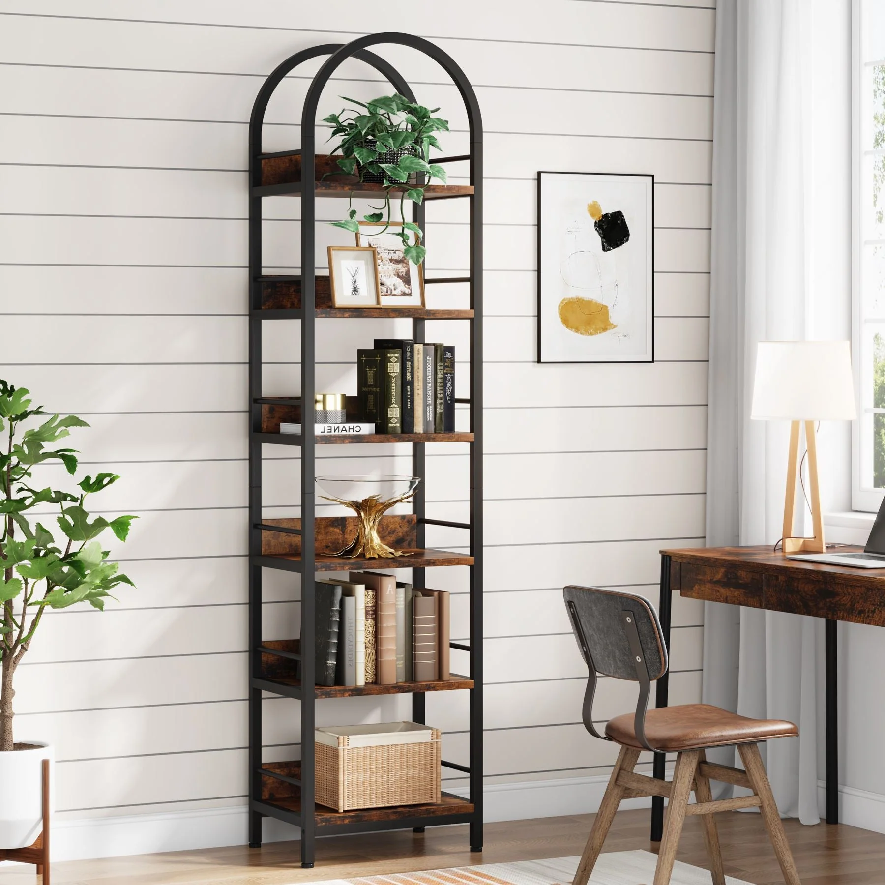 6-Tier Bookshelf, 78.7" Narrow Bookcase Arched Display Shelf - Image 3