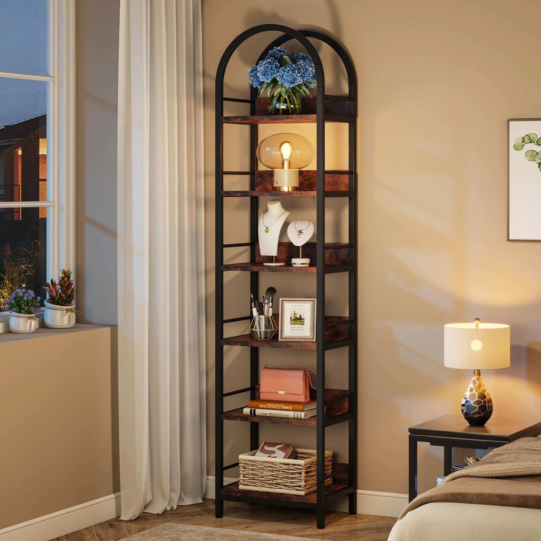 6-Tier Bookshelf, 78.7" Narrow Bookcase Arched Display Shelf - Image 4