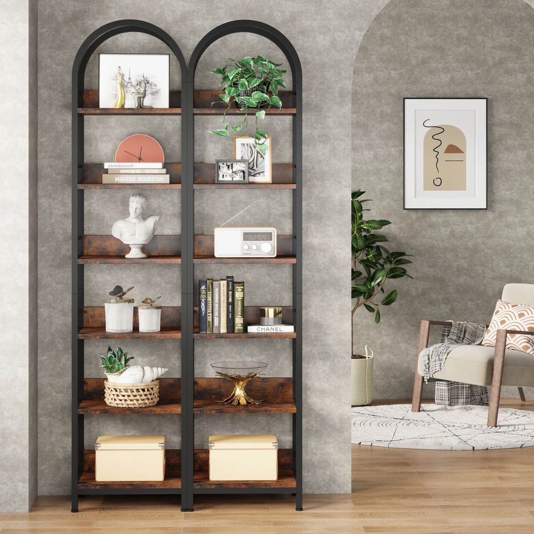 6-Tier Bookshelf, 78.7" Narrow Bookcase Arched Display Shelf - Image 5