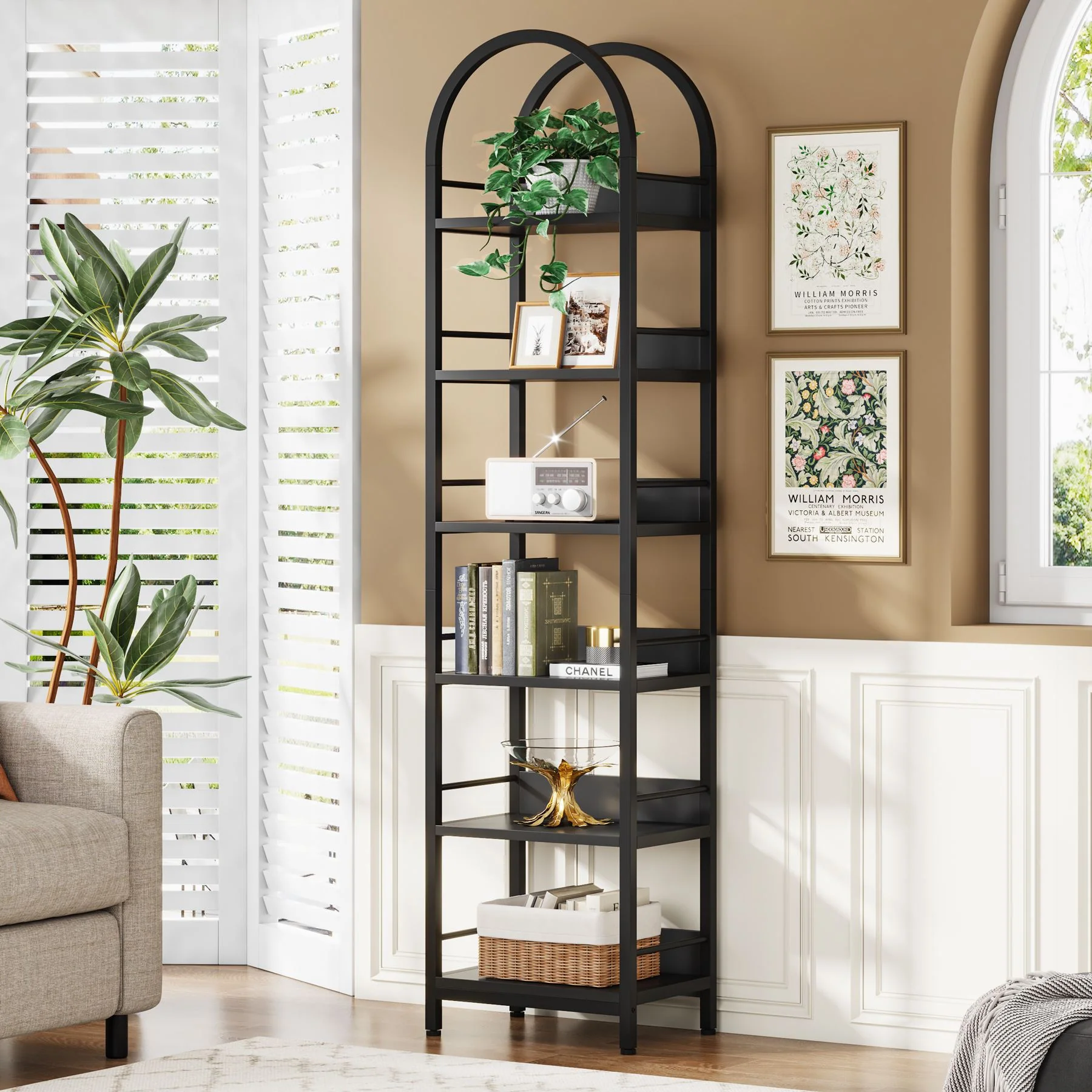 6-Tier Bookshelf, 78.7" Narrow Bookcase Arched Display Shelf - Image 6