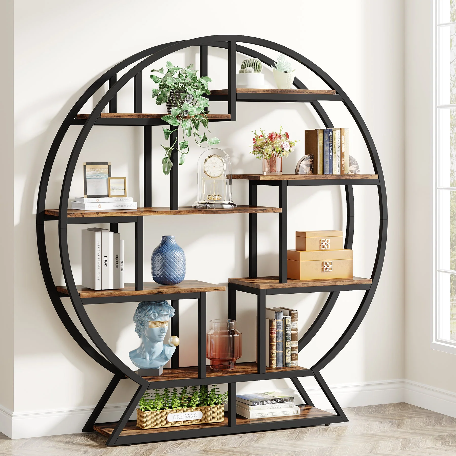 Round Bookshelf, 63 Inch Etagere Bookcase with Staggered Shelves