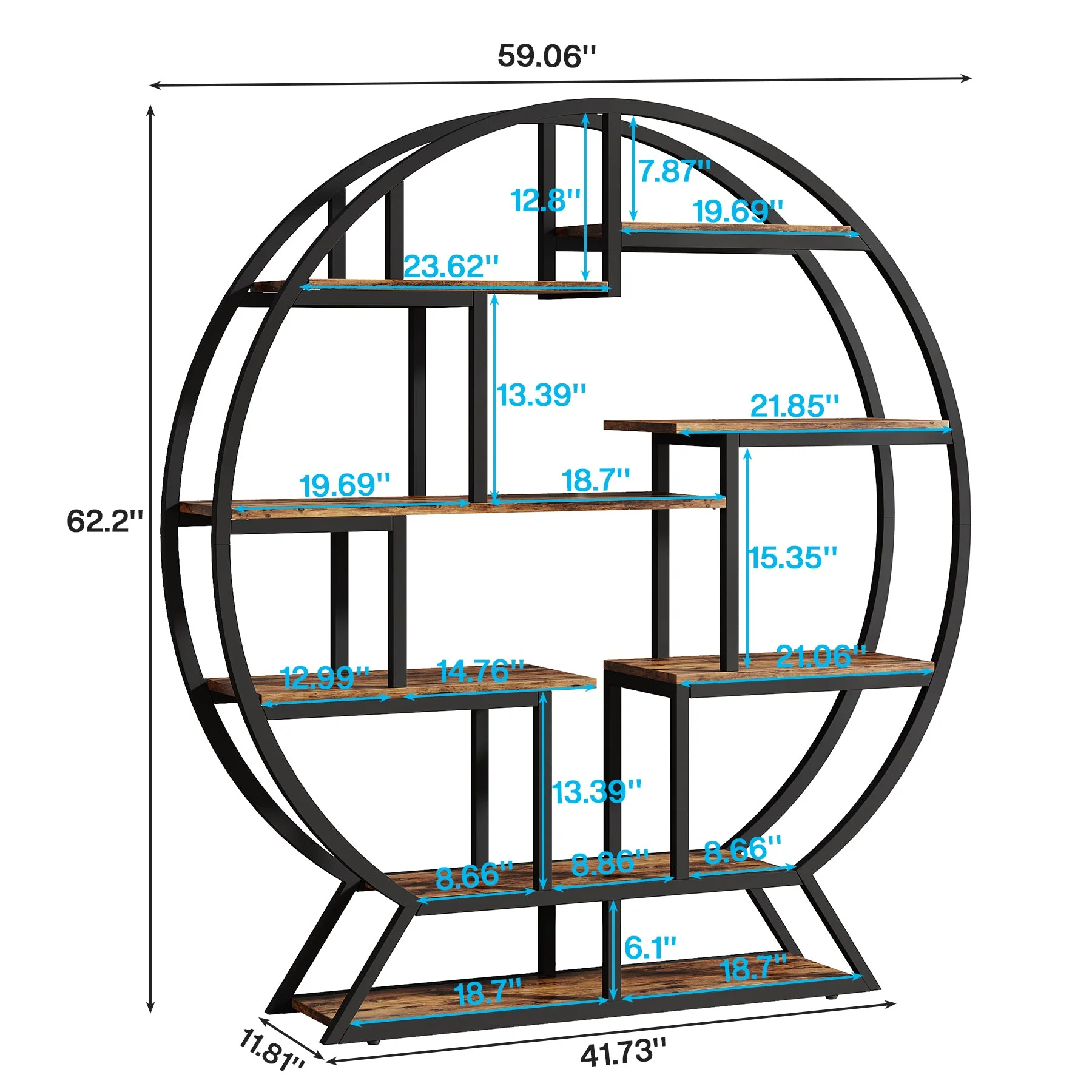 Round Bookshelf, 63 Inch Etagere Bookcase with Staggered Shelves - Image 2