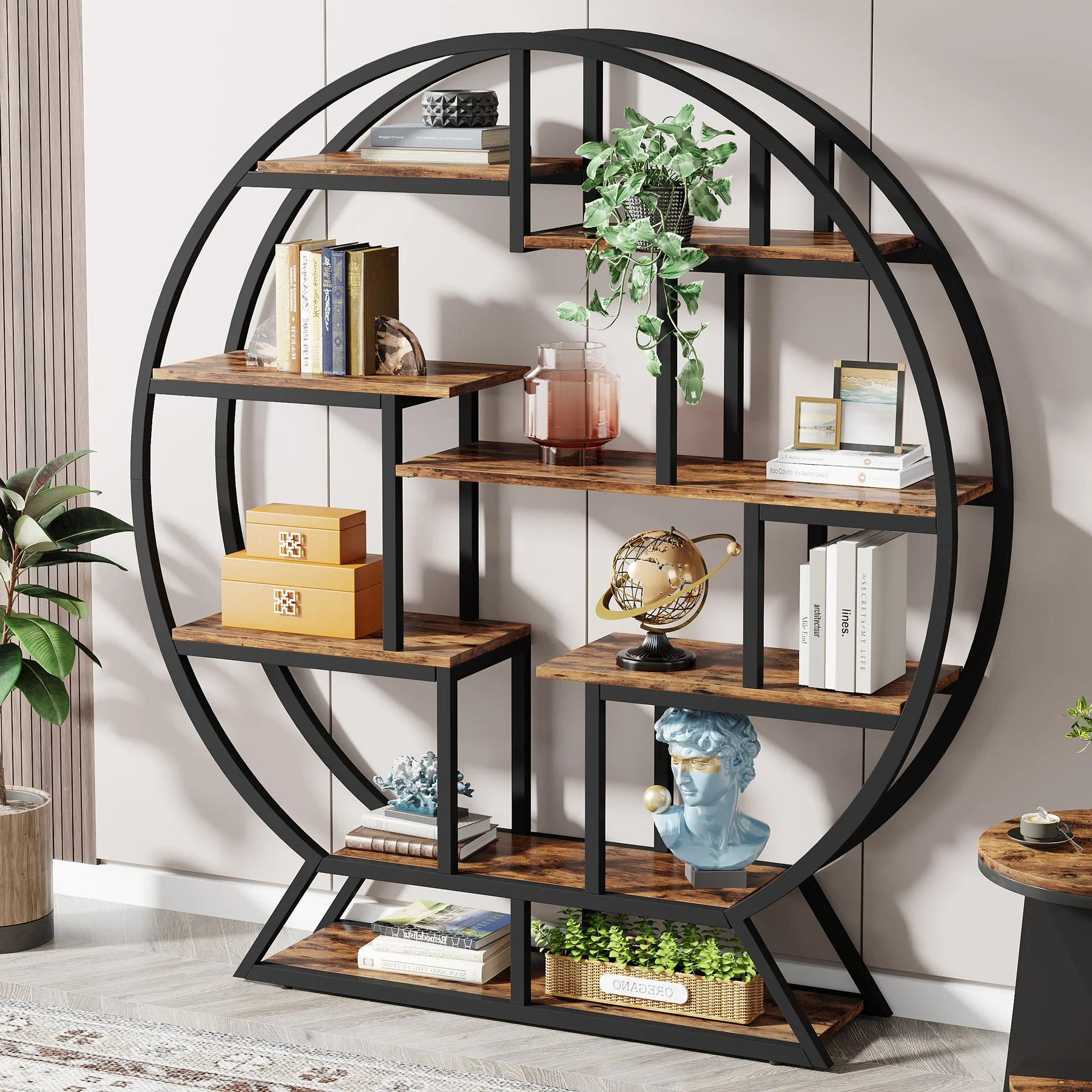 Round Bookshelf, 63 Inch Etagere Bookcase with Staggered Shelves - Image 3