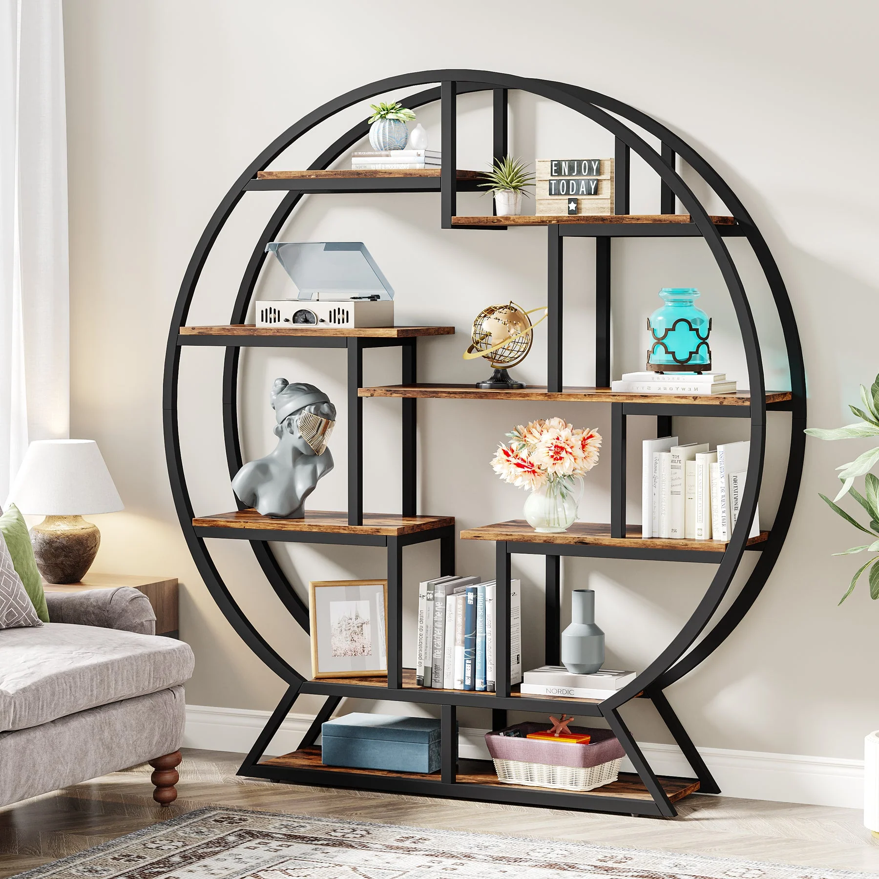 Round Bookshelf, 63 Inch Etagere Bookcase with Staggered Shelves - Image 4