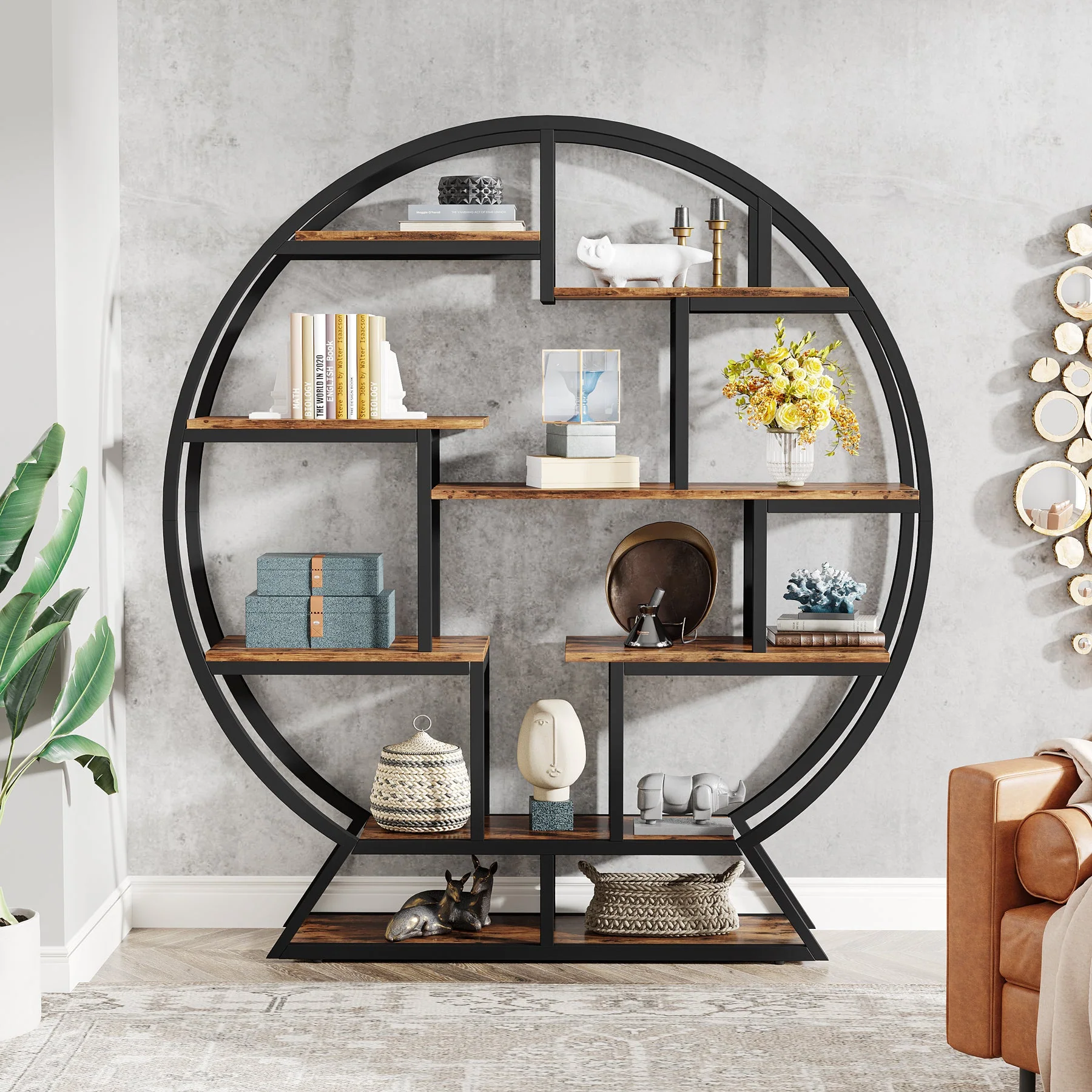 Round Bookshelf, 63 Inch Etagere Bookcase with Staggered Shelves - Image 5
