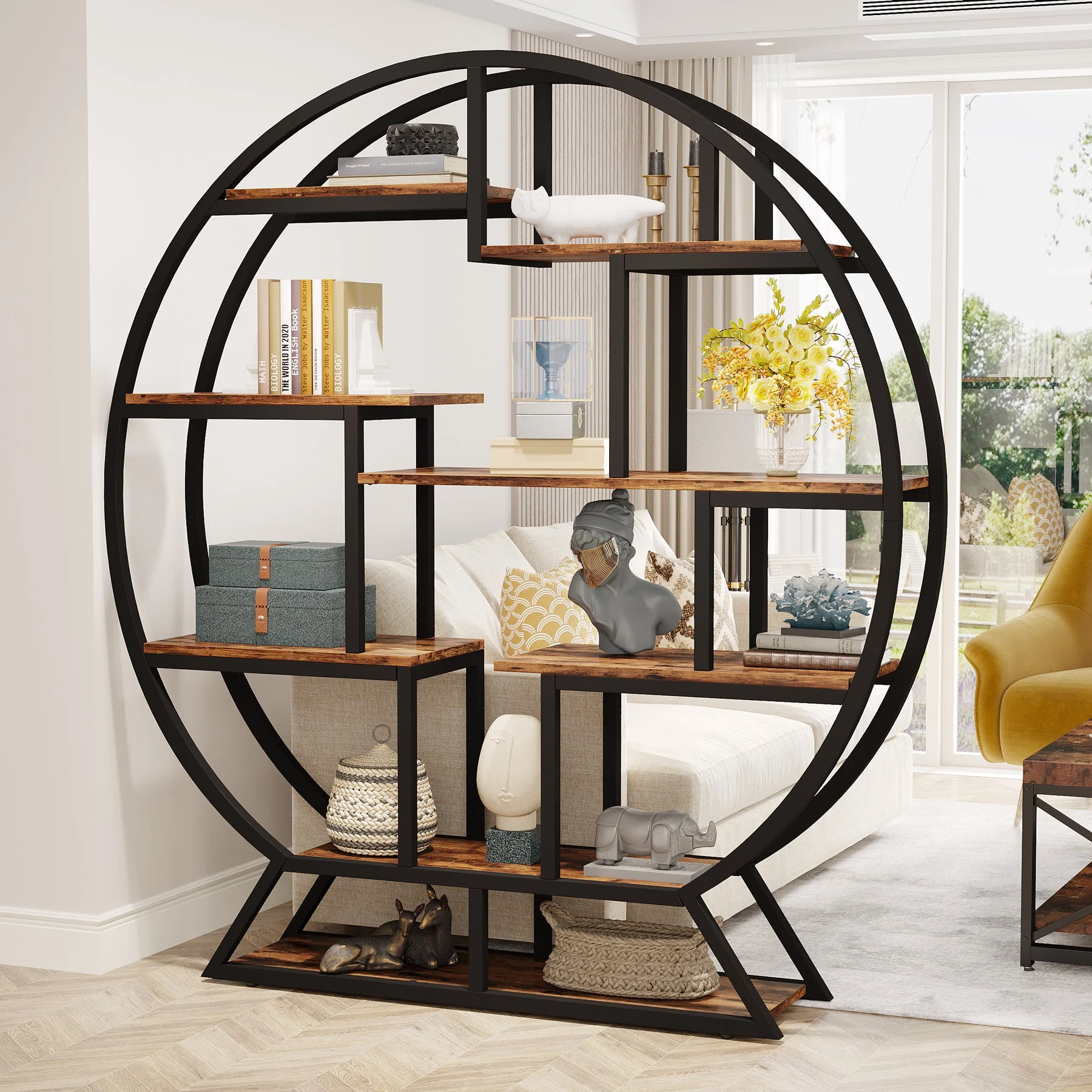 Round Bookshelf, 63 Inch Etagere Bookcase with Staggered Shelves - Image 6