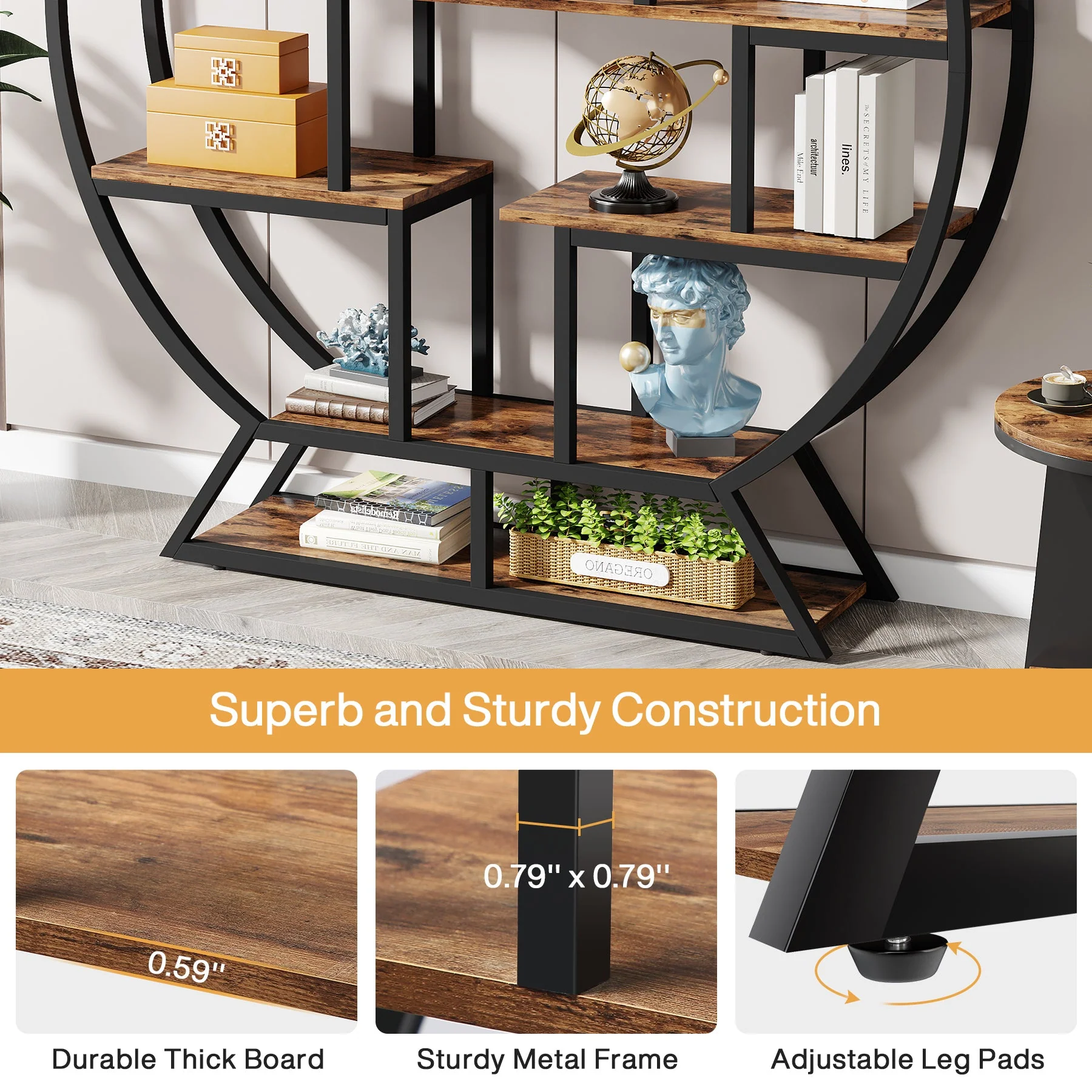 Round Bookshelf, 63 Inch Etagere Bookcase with Staggered Shelves - Image 7