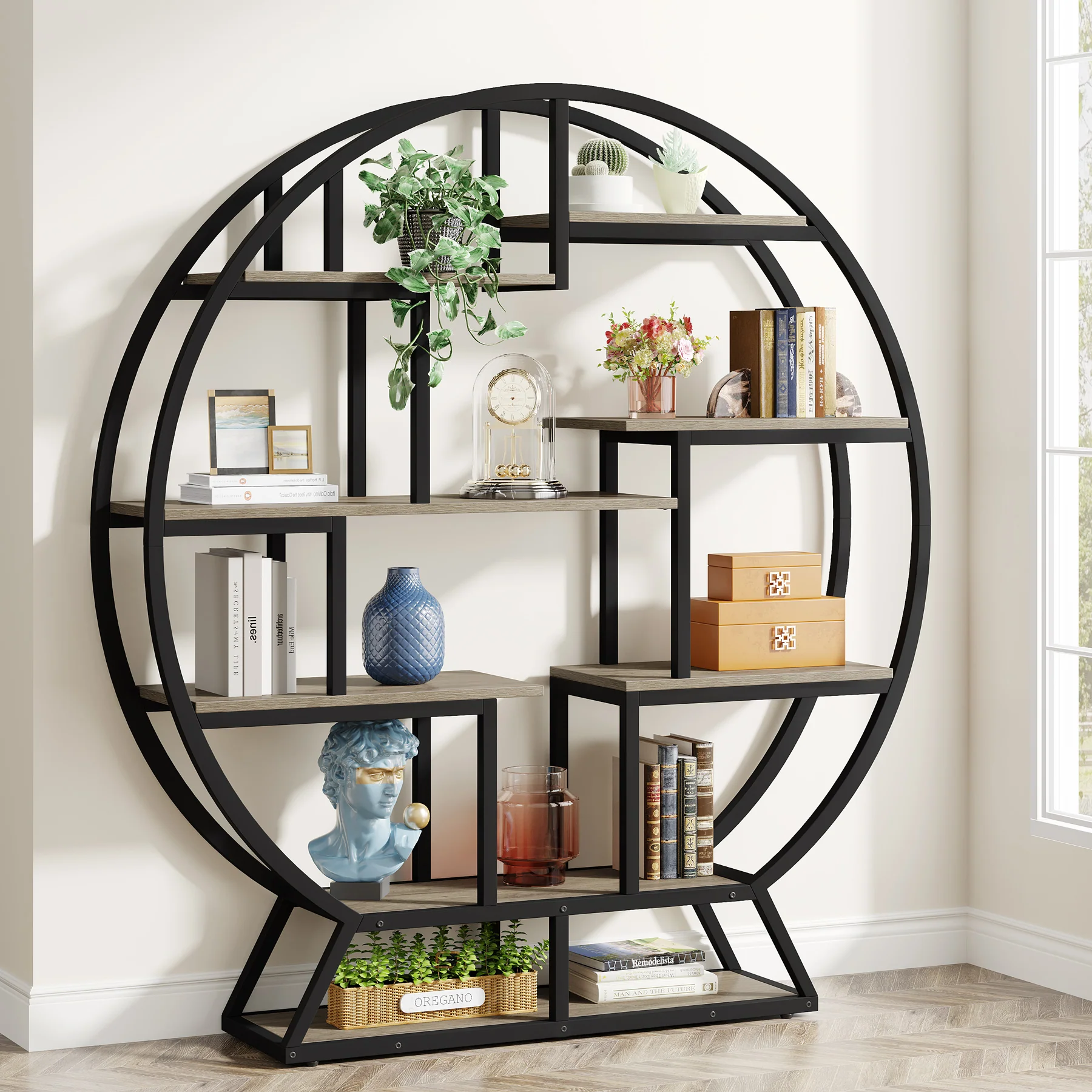Round Bookshelf, 63 Inch Etagere Bookcase with Staggered Shelves - Image 8