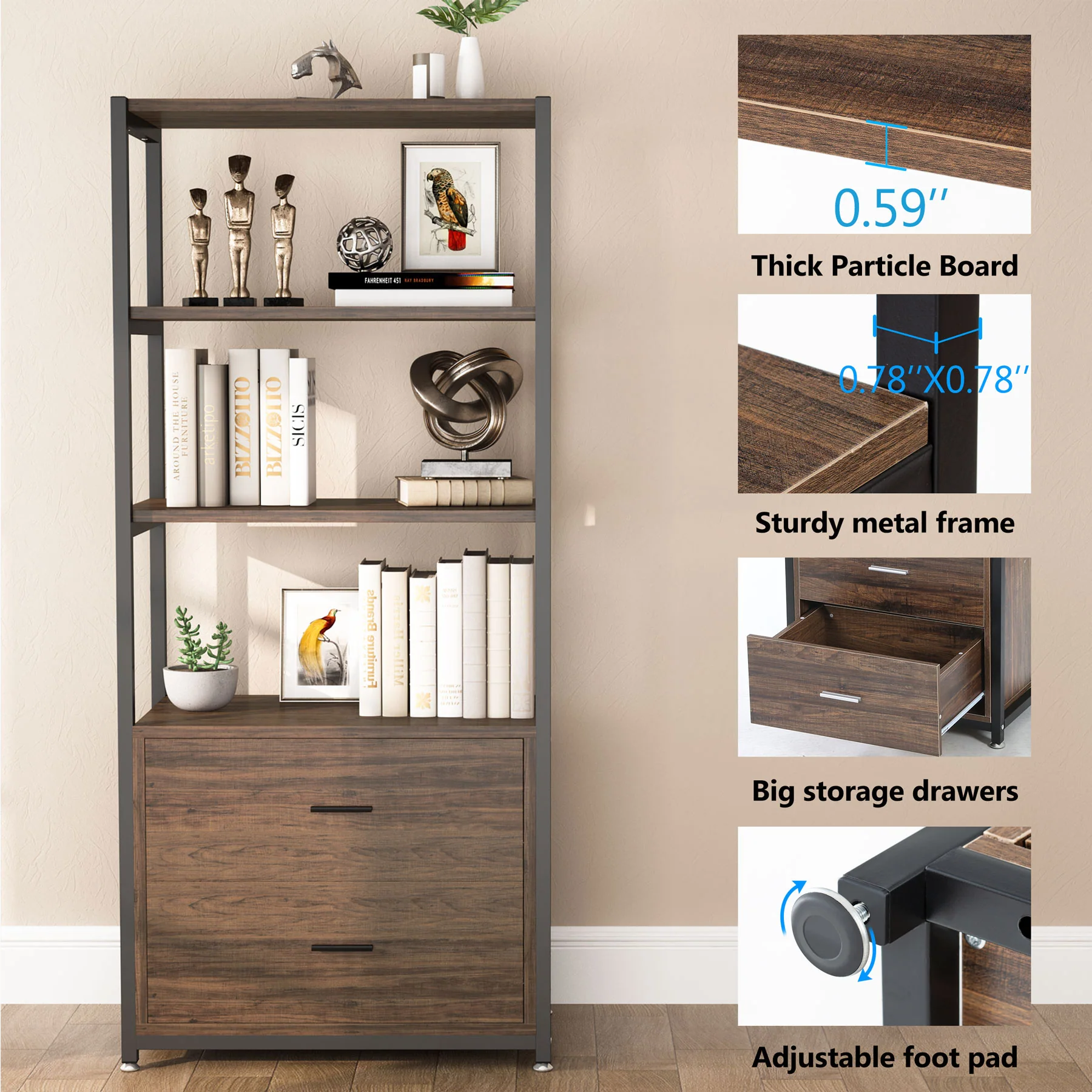 2-Drawer Bookshelf Etagere Bookcase with Open Shelves - Image 5
