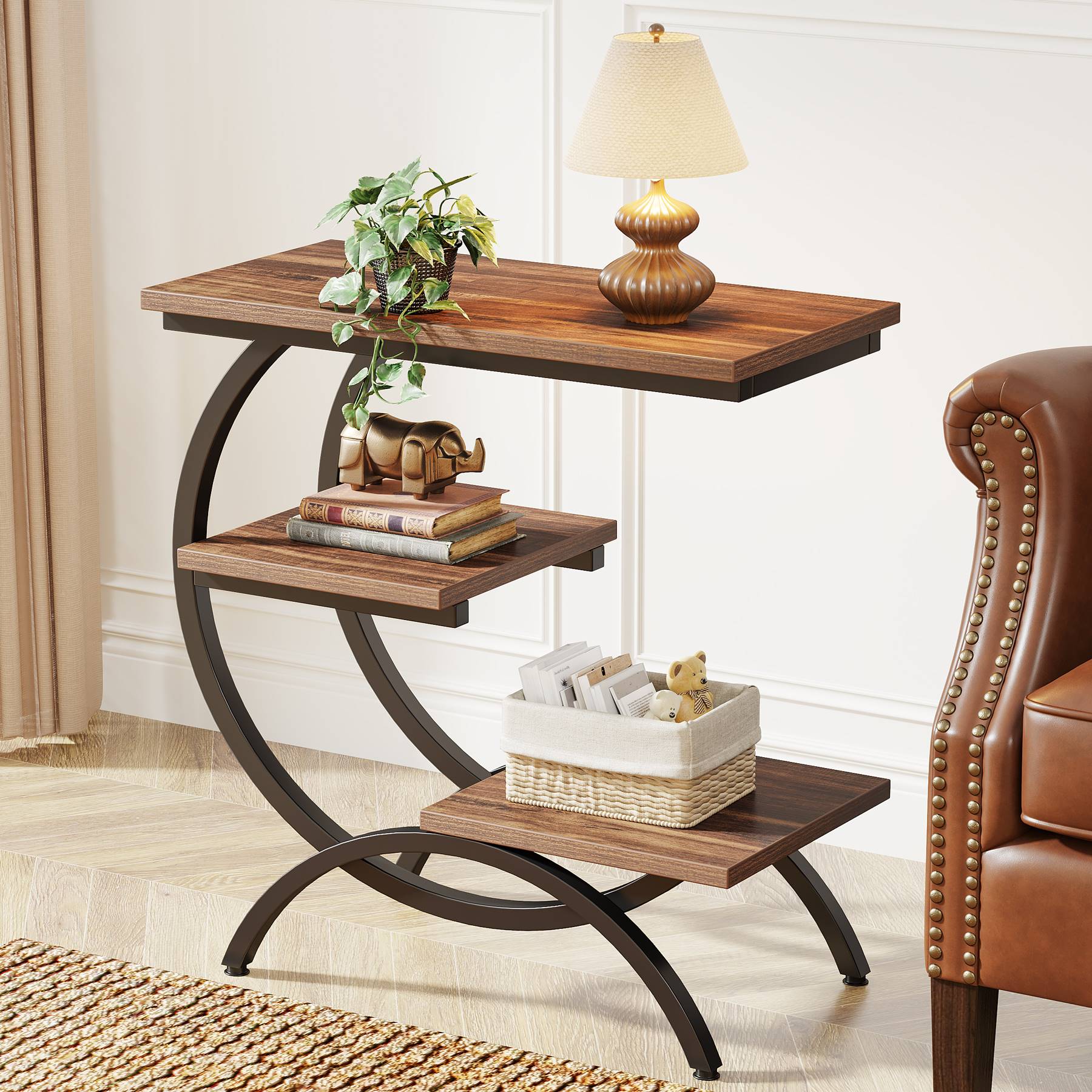 C-Shaped End Table, Industrial 3-Tier Side Table for Small Space - Image 3