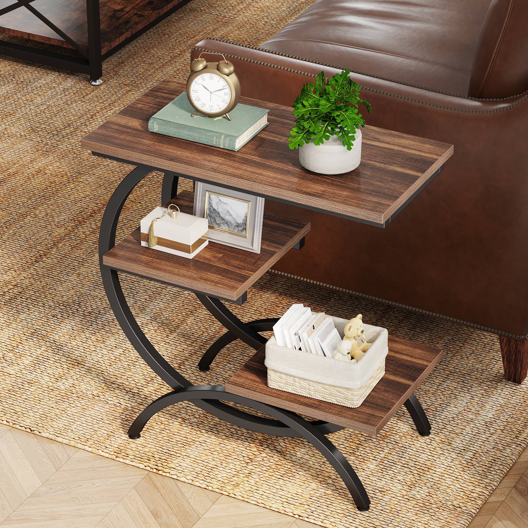 C-Shaped End Table, Industrial 3-Tier Side Table for Small Space - Image 4