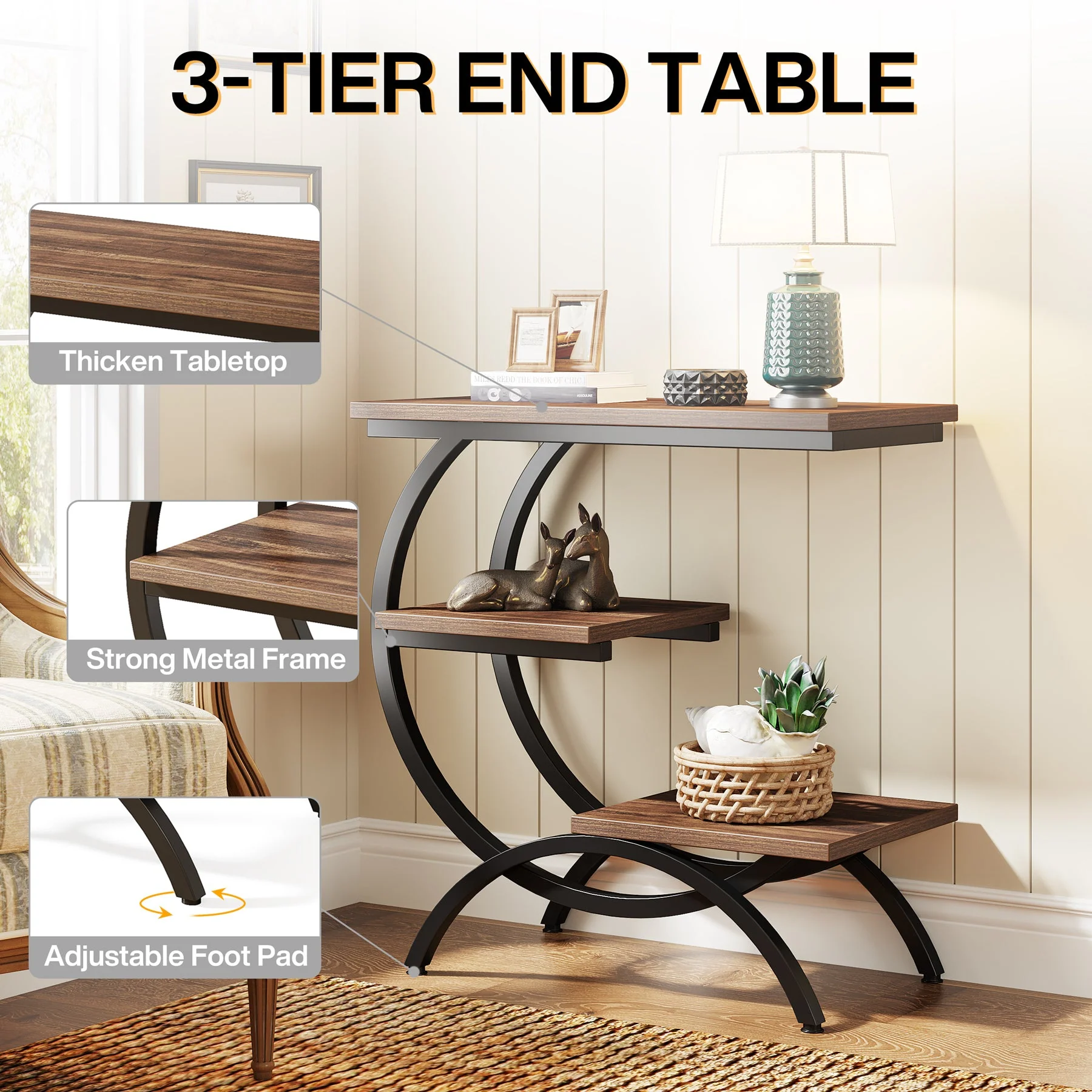 C-Shaped End Table, Industrial 3-Tier Side Table for Small Space - Image 5