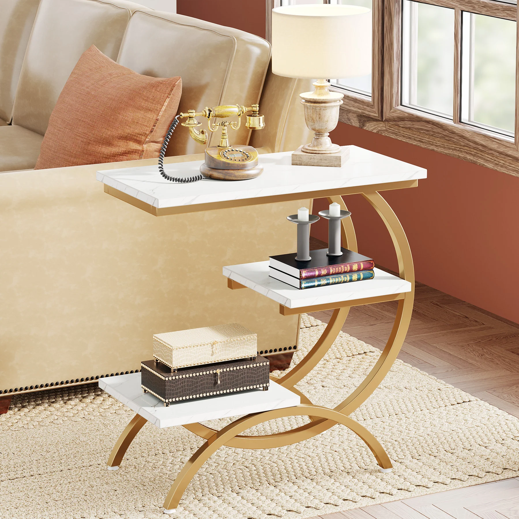 C-Shaped End Table, Industrial 3-Tier Side Table for Small Space - Image 9