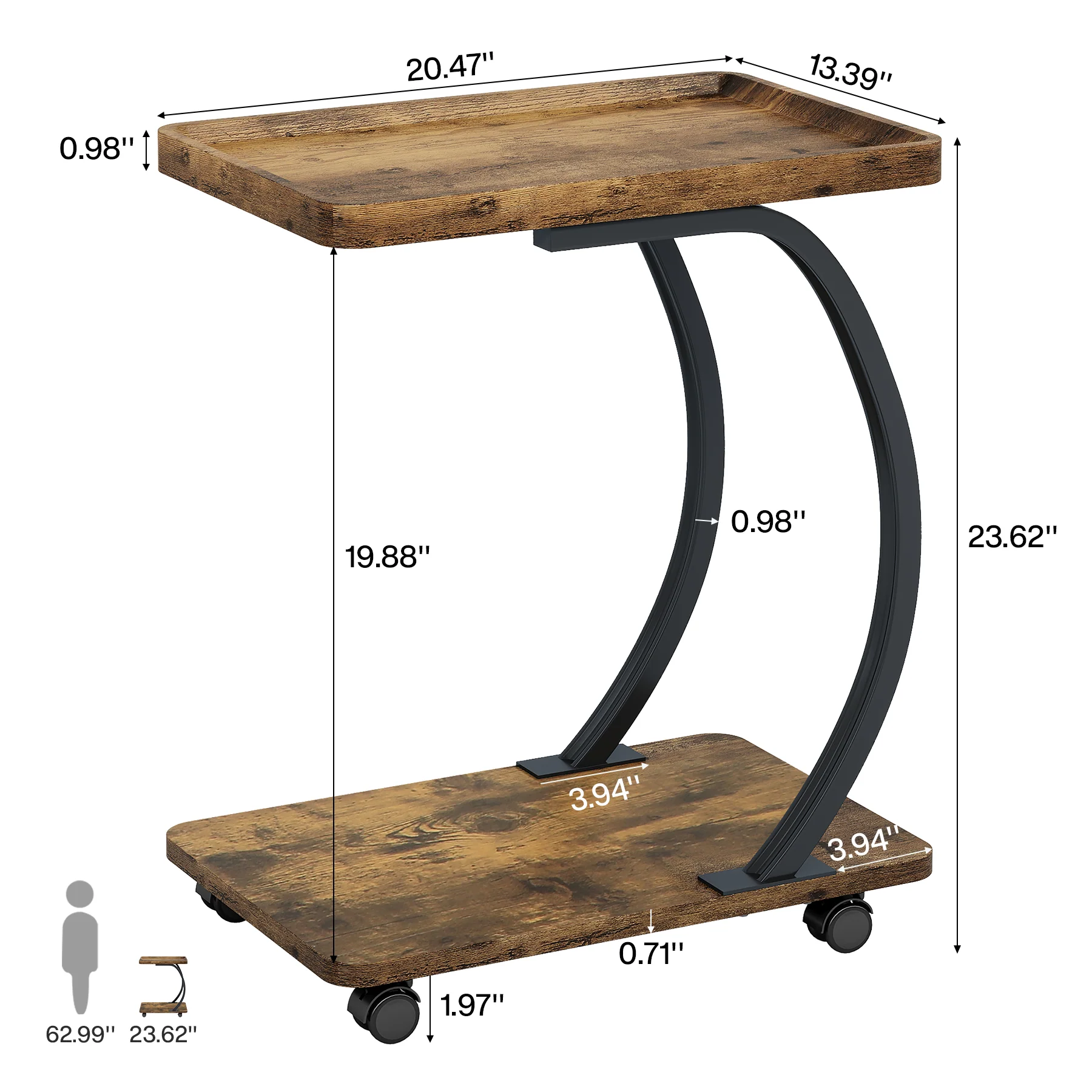 C-Shaped End Table, Industrial 2-Tier Side Table with Wheels - Image 2