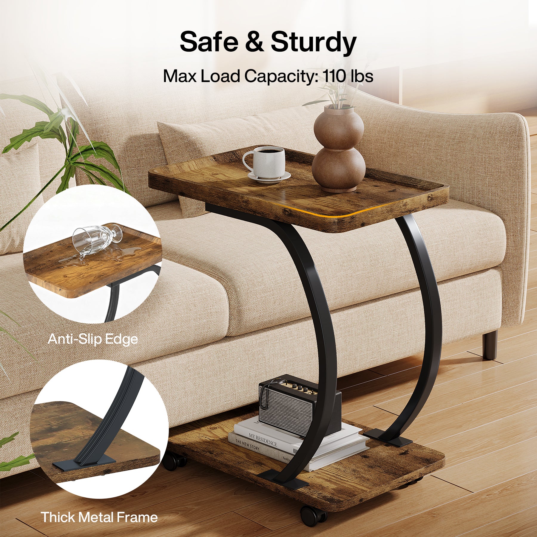 C-Shaped End Table, Industrial 2-Tier Side Table with Wheels - Image 6