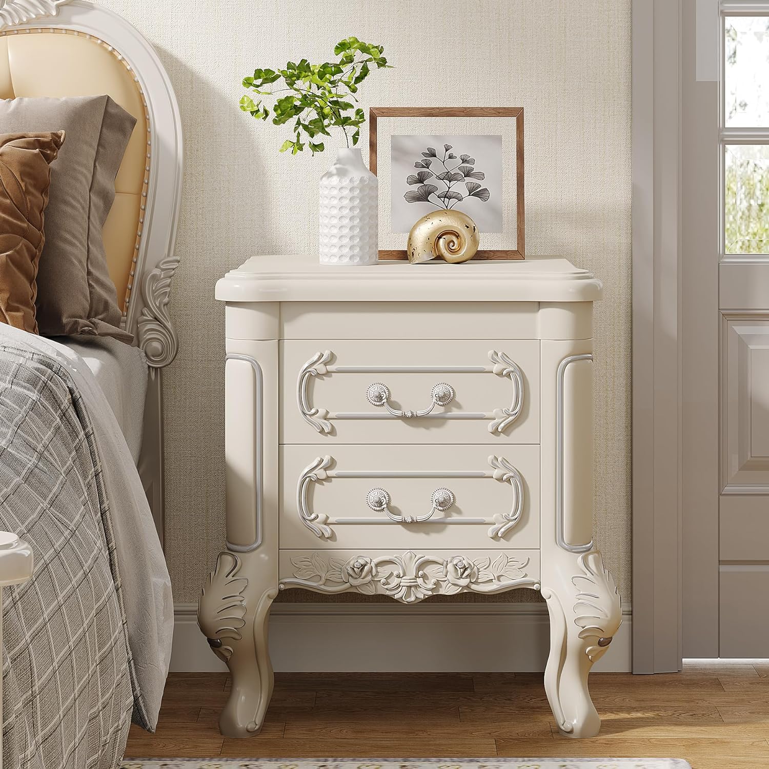 Carved Nightstand, Bedside Table End Table with 2 Drawers - Image 3