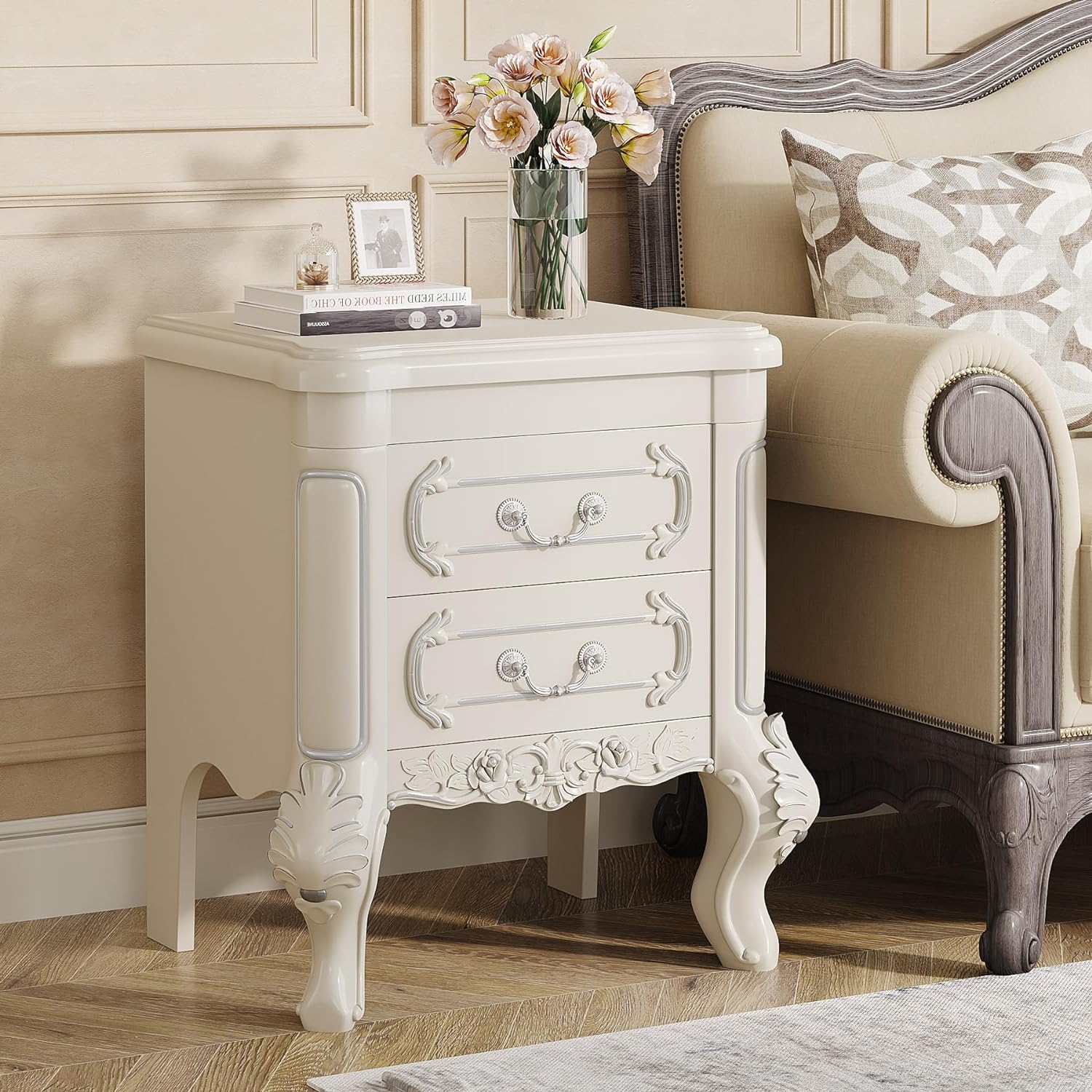 Carved Nightstand, Bedside Table End Table with 2 Drawers - Image 4