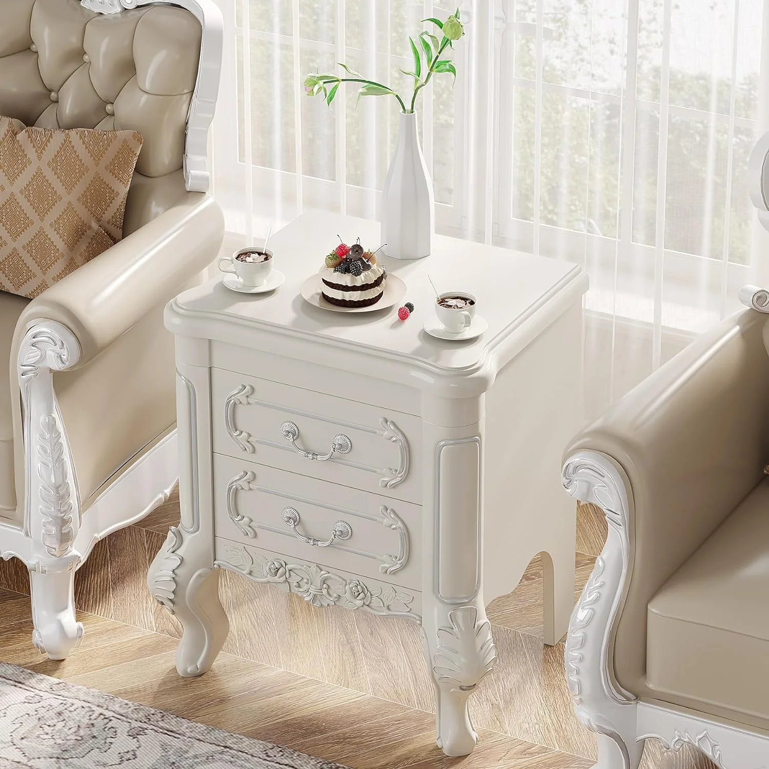 Carved Nightstand, Bedside Table End Table with 2 Drawers - Image 5