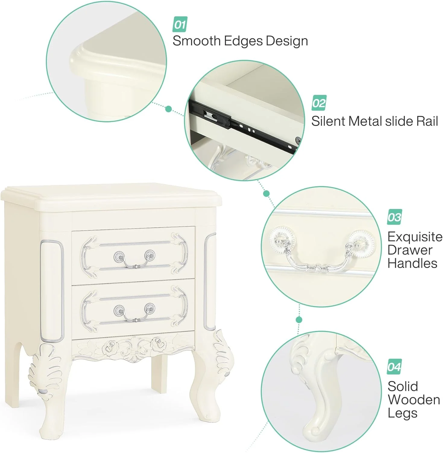 Carved Nightstand, Bedside Table End Table with 2 Drawers - Image 8