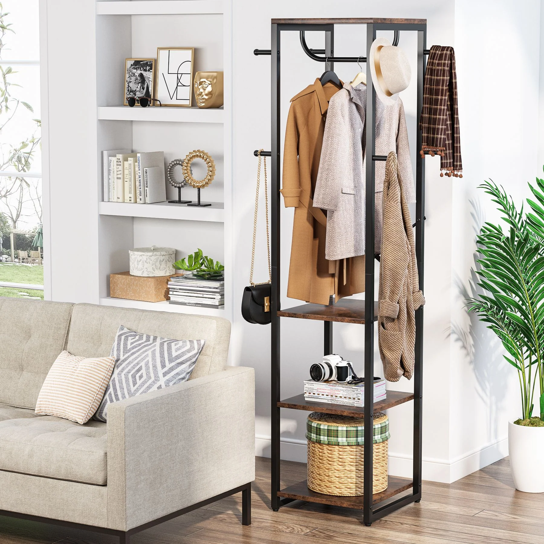 Freestanding Hall Tree, Industrial Corner Garment Rack with 4 Shelves 8 Hooks - Image 3