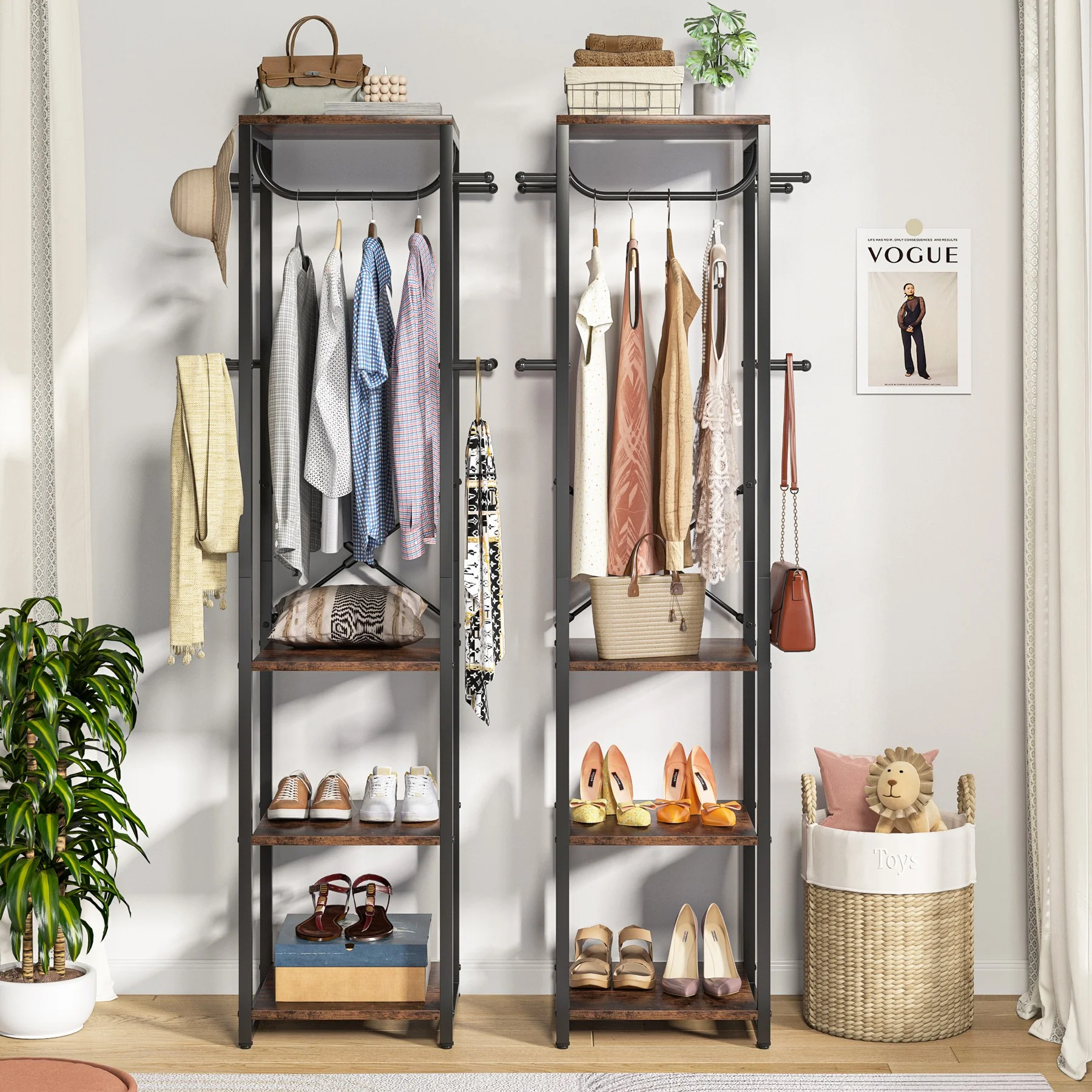 Freestanding Hall Tree, Industrial Corner Garment Rack with 4 Shelves 8 Hooks - Image 4