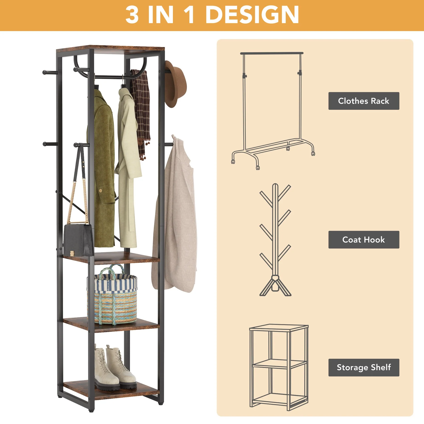 Freestanding Hall Tree, Industrial Corner Garment Rack with 4 Shelves 8 Hooks - Image 5