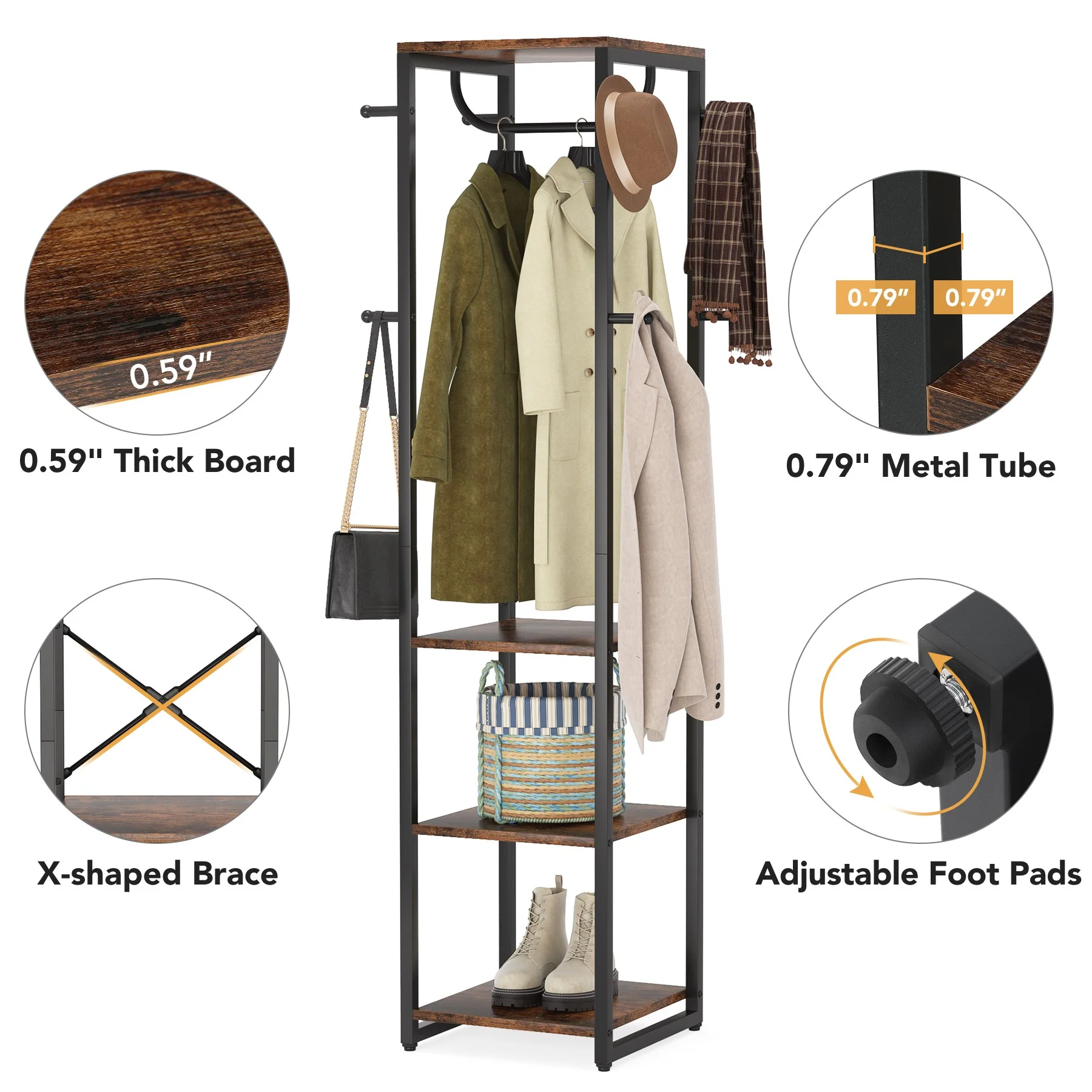 Freestanding Hall Tree, Industrial Corner Garment Rack with 4 Shelves 8 Hooks - Image 6
